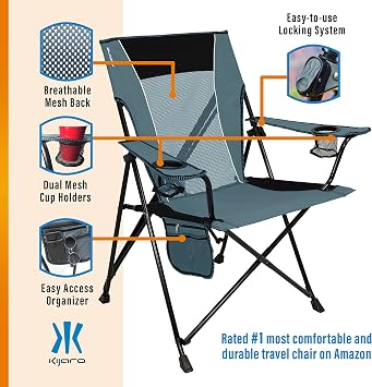 Kijaro Portable Camping Chairs - Enjoy the Outdoors with a Versatile Folding Sports Chair for Outdoor & Lawn - Dual Lock Feature Locks Position Hallet Peak Gray
