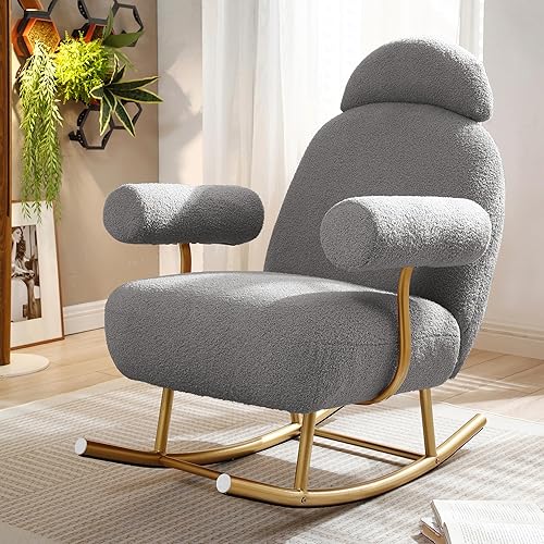 Tmosi Mecedora tapizada de sherpa para guardería, con reposacabezas ajustable y reposabrazos redondos, silla planeadora de ocio para sala de estar,