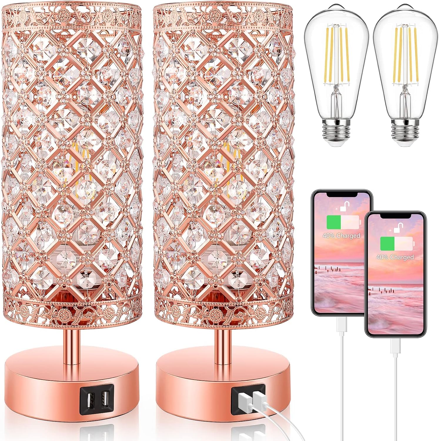 Crystal Touch Control Table Lamp, 2-Pack Rose Gold Dimmable K9 Crystal Bedside Nightstand Lamps with USB Charging Ports, Small Pink Decorative Night Lights for Bedroom Living Room, 4000K White Bulb