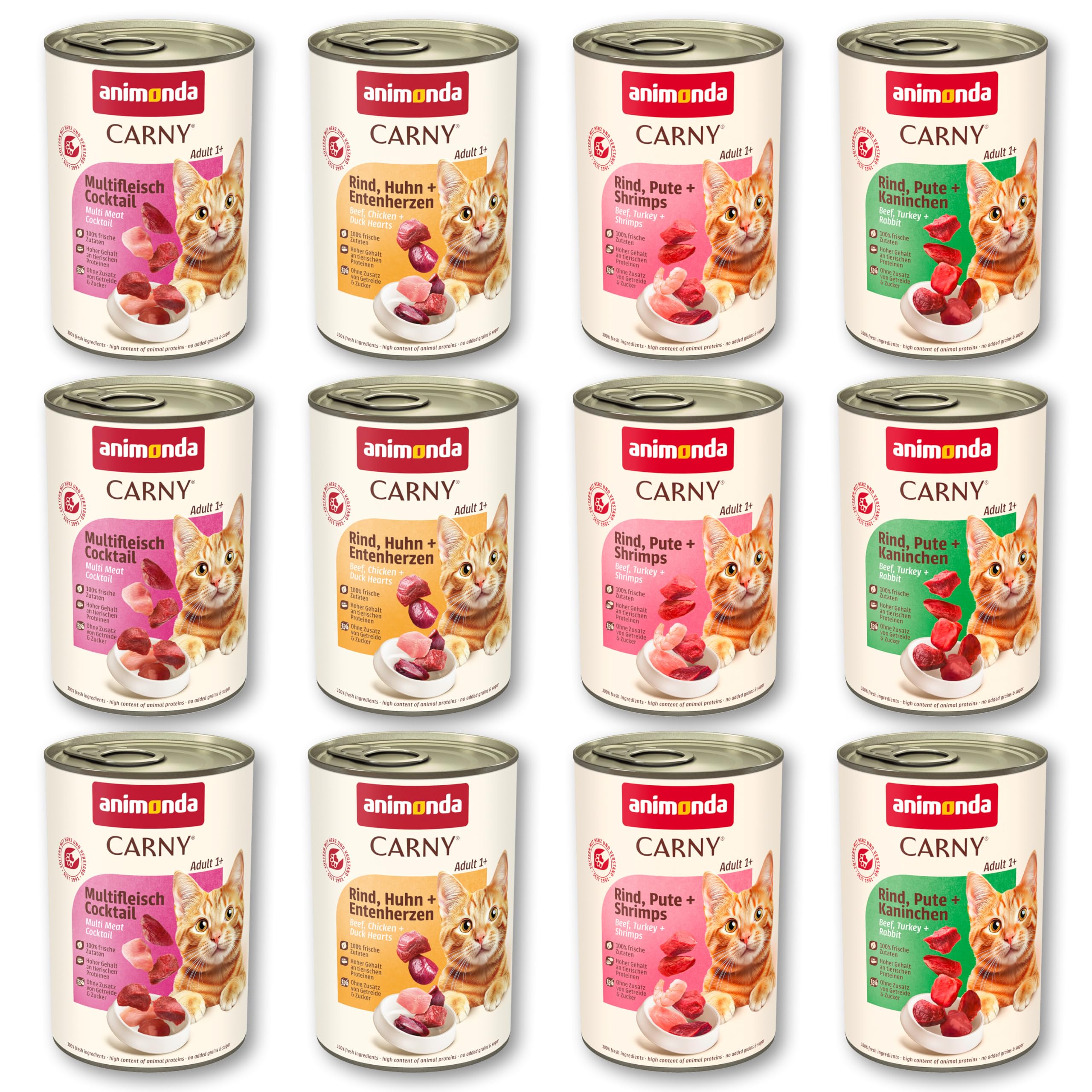 animonda Carny Katzen Nassfutter, Sorten Mix "Kräftige Variation" (12 x 400g), getreidefreies Katzennassfutter ohne Zucker für ausgewachsene Katzen mit frischen fleischigen Zutaten