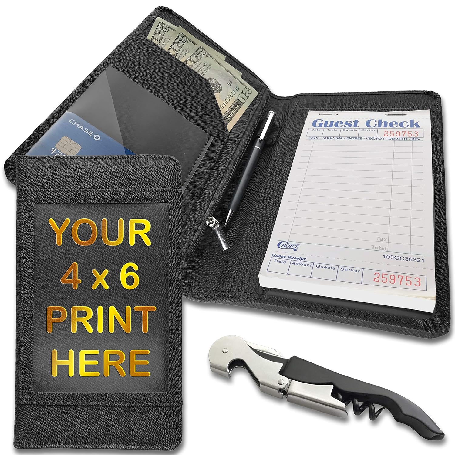Super Brands Malanka 5x9 Server Book for Waitress Waiter Organizer - with Cash Money Zipper Pocket Pen Holder Fits Restaurant Guest Check Order Pad and Apron - 4x6 Clear Pocket and Wine Opener Included (Black)