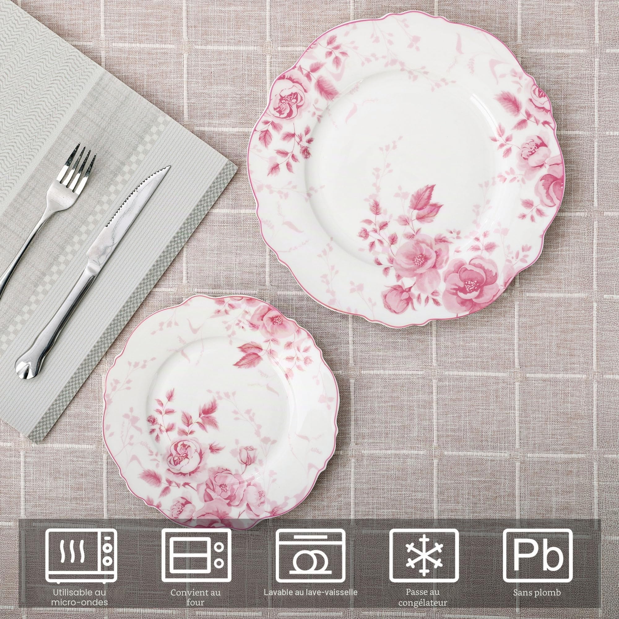 fanquare Lot de 4 Assiettes Plates Roses à Fleurs, 26,7 cm, Grandes Assiettes Rondes en Porcelaine pour Pâtes, Hors-d'œuvre et Steak, Adaptées au Micro-ondes et au Lave-vaisselle