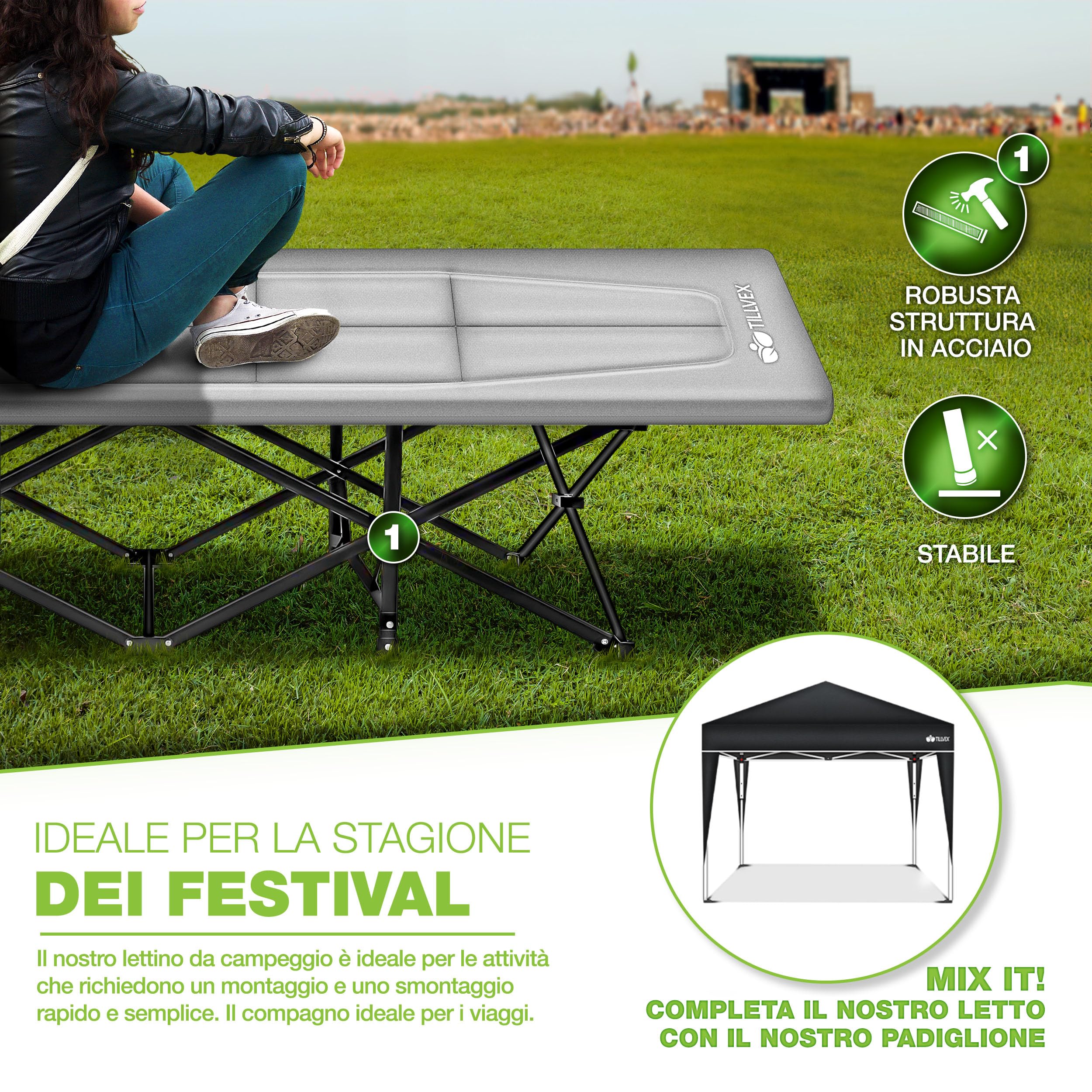 tillvex® Letto da campeggio pieghevole con borsa per il trasporto fino a 200 kg | Lettino da campeggio extra largo | Lettino da campeggio per interni ed esterni | Letto pieghevole per gli ospiti