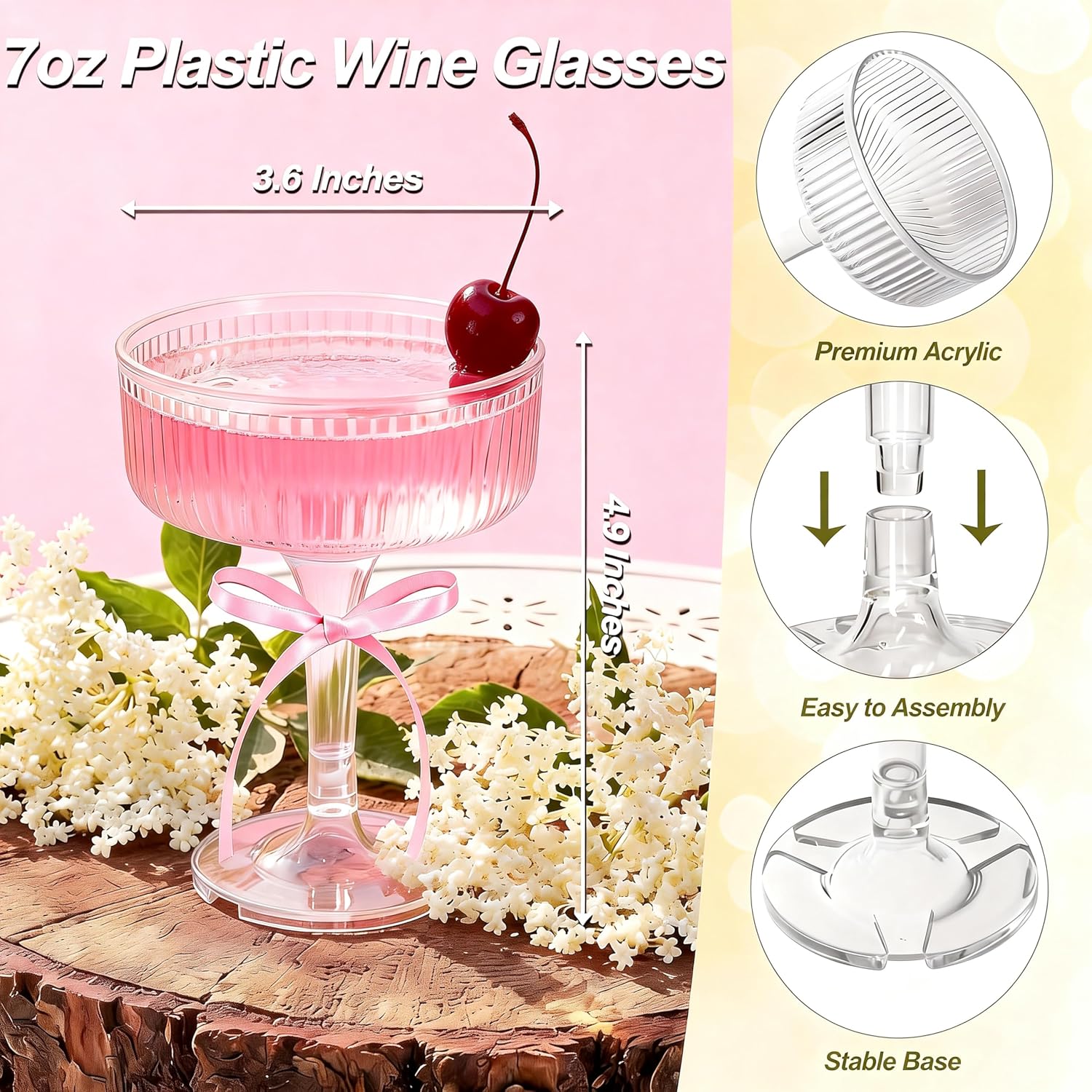 ACRYLIC Champagne Tower Set 20 Pack 7oz Shatterproof Flutes with 25 Pink Bows & 25 Dots, Stackable Plastic Coupe Glasses for Wedding, Birthday, Bridal Shower, Anniversary & Catering Events