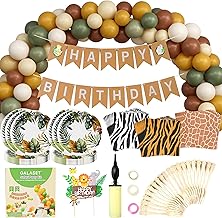127 PCS Safari Birthday Decorations – Includes Safari Balloon Arch Kit, Pump, Cake Topper, Plates, Napkins, Bamboo Forks, and Banner – Animal Birthday Party Decorations for Boys, Girls, Serves 20