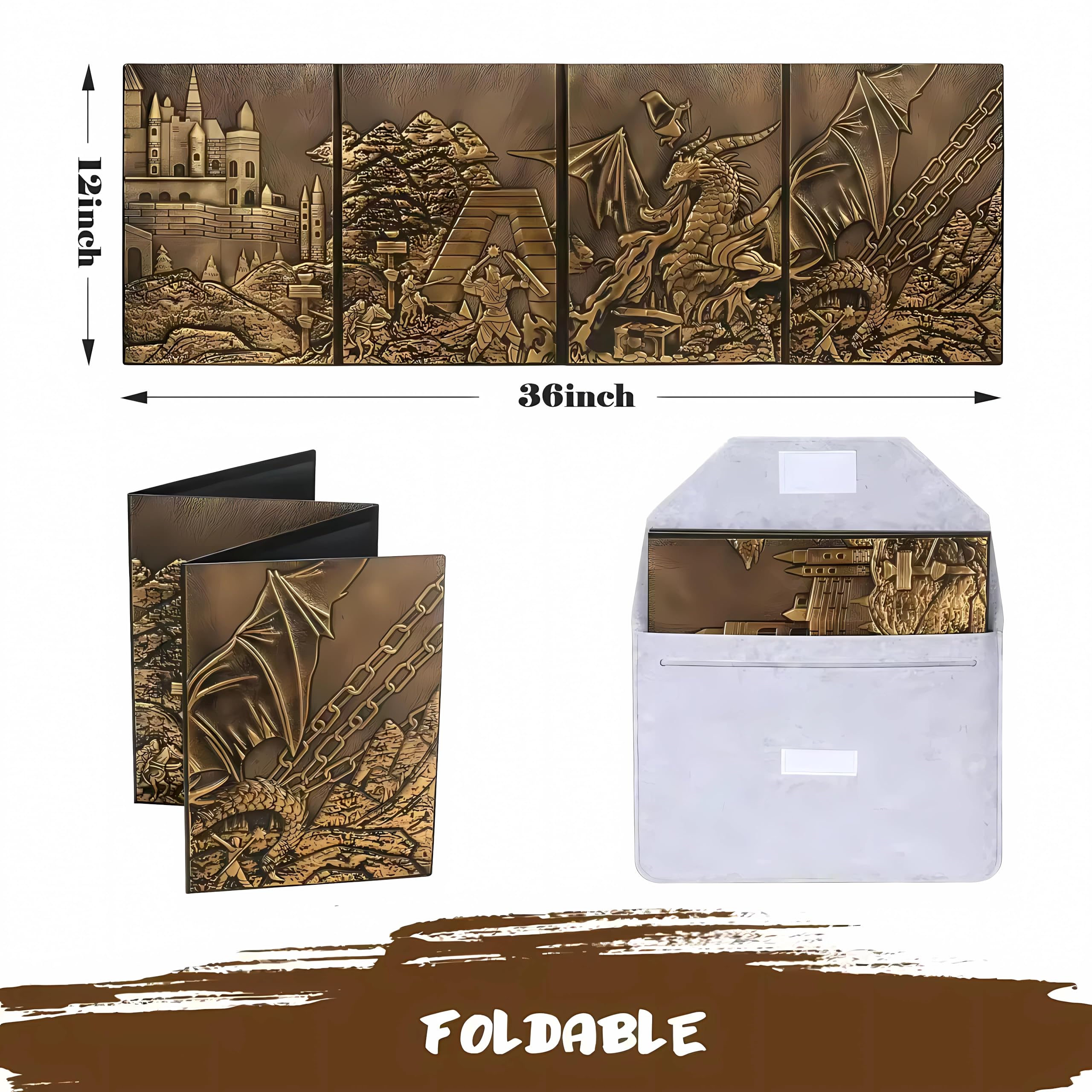 LIEFY DND DM Screen D&D Dungeon and Dragons Écran de jeu en cuir synthétique 3D gaufré avec motif dragon et 4 panneaux avec poches - Cadeau DND - Accessoire DND (laiton)