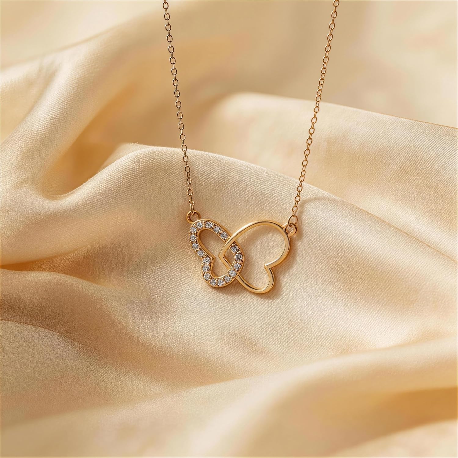 14K Gold Plated Dainty Butterfly Heart Necklace for Women, 925 Sterling Silver White Cubic Zirconia Double Love Heart Interlocking Pendant Necklace to Daughter Mother Hypoallergenic Spring Jewelry Gifts for Her Wedding Mothers Day