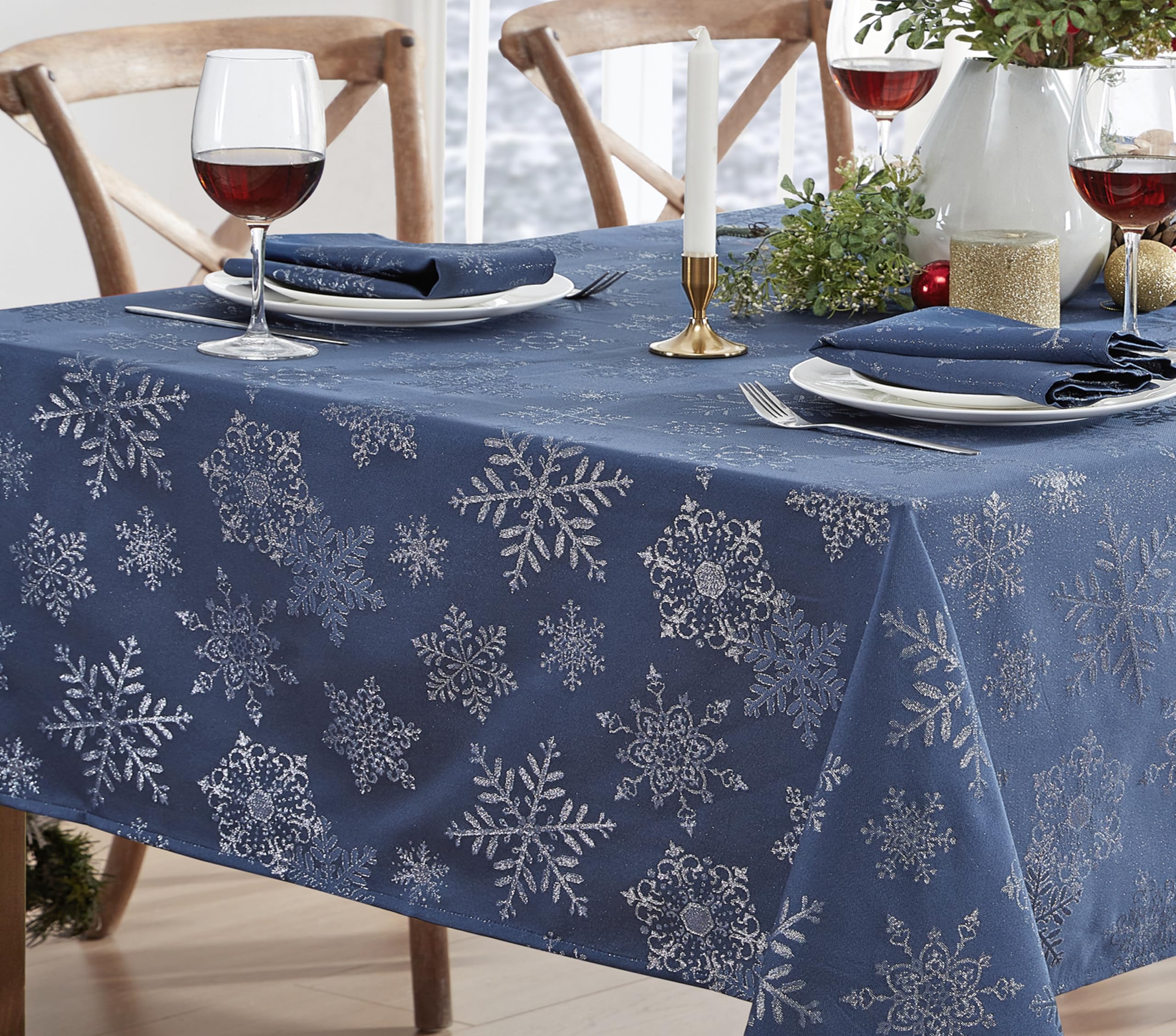 Newbridge Fancy Metallic Snowflake Christmas Fabric Tablecloth, 60 x 120 Inch Rectangle, Navy Silver, No-Iron Soil Resistant Sparkling Snowflakes Woven Holiday Table Cover
