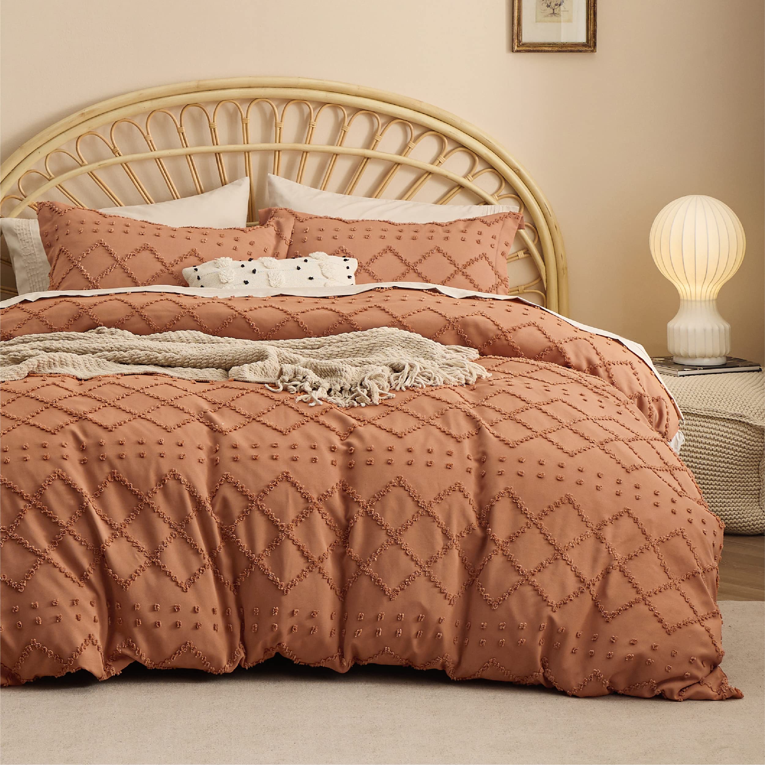 BEDSURE Duvet Cover Queen Size - Queen Duvet Cover Set, Boho Bedding Queen for All Seasons, 3 Pieces Embroidery Shabby Chic Home Bedding Duvet Covers (Caramel Pumpkin, Queen, 90x90'')