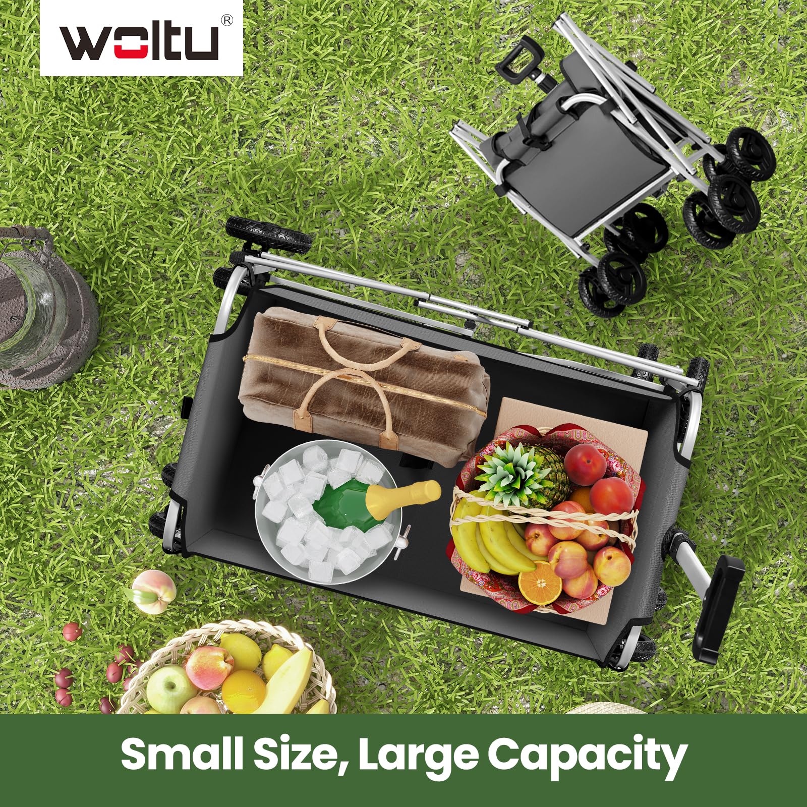 WOLTU Chariot de Jardin Pliable, Chariot à roulettes pour Camping, Pique-Nique, Plage, Courses, Jardinage, en Tissu Oxford+Métal, Gris Foncé