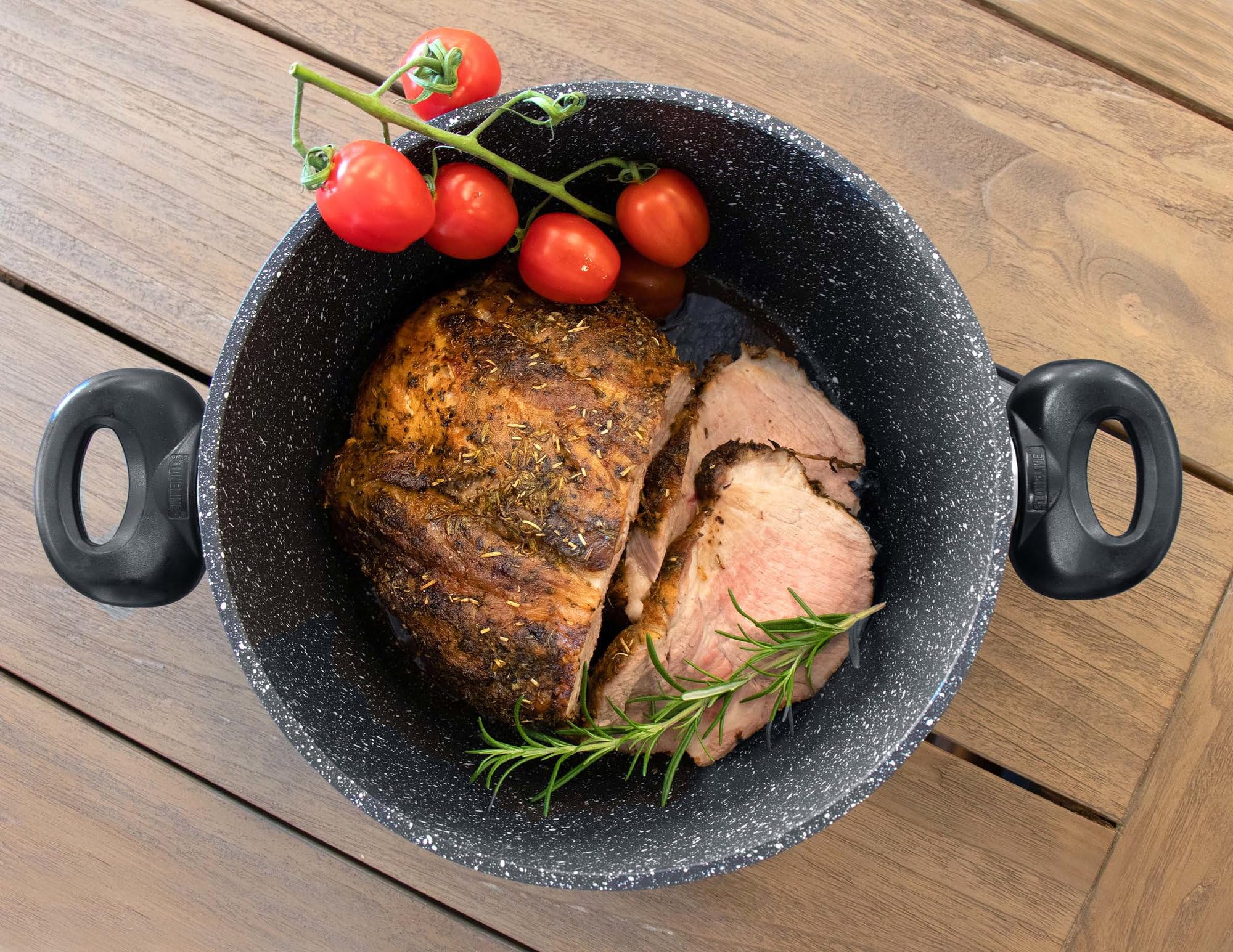 STONELINE Aluguss Kochtopf 24 cm, Topf mit Deckel 4,5 L, Antihaft beschichtet mit echten Steinpartikeln, Kochtopf Induktion 24 cm, für alle Herdarten, Backofen, Kochen ohne Fett oder Öl, Grau