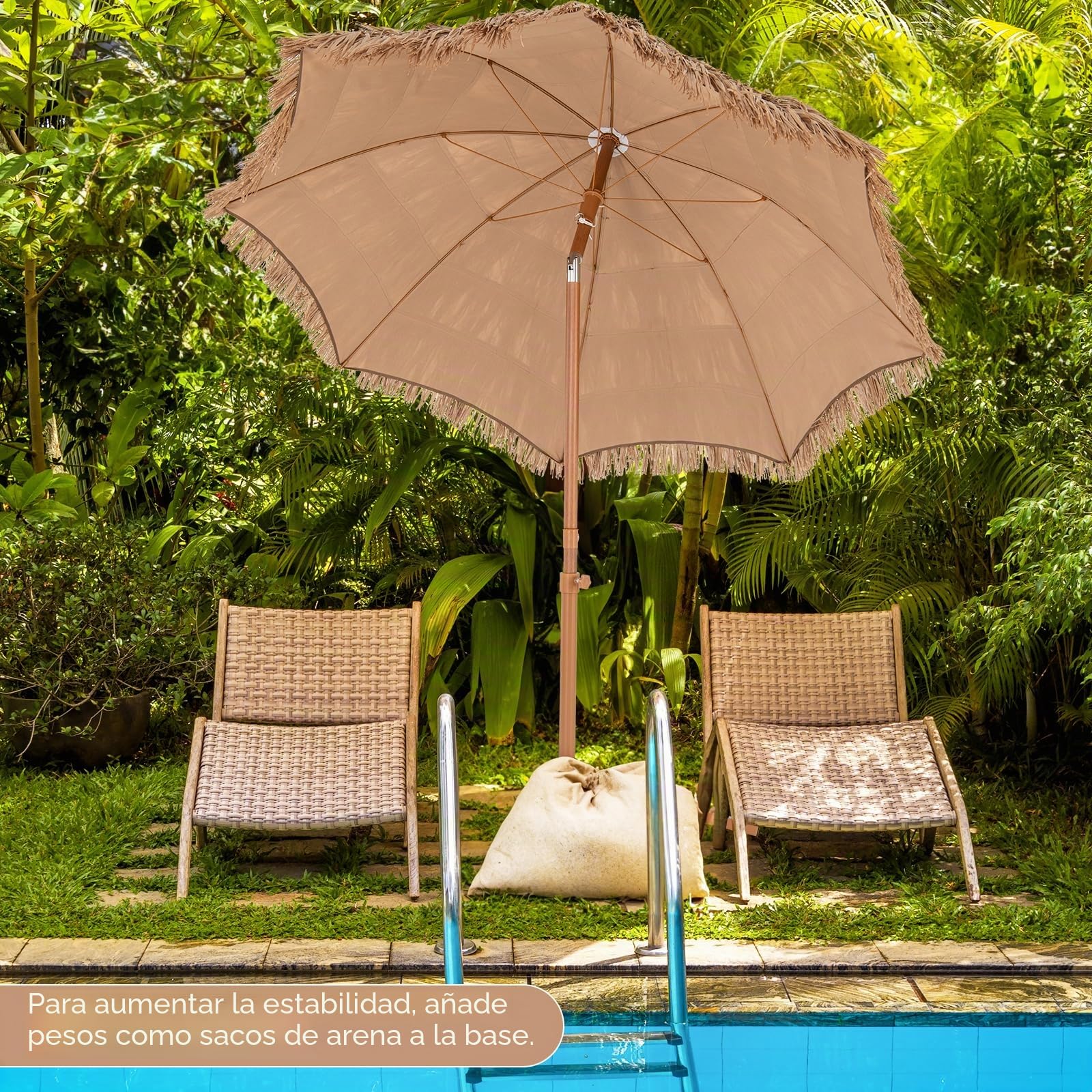 RELAX4LIFE Sombrilla hawaiana, paja, diámetro de 200 cm, sombrilla para balcón inclinable, sombrilla de jardín con soporte plegable y bolsa de transporte, sombrilla de paja, sombrilla hawaiana con