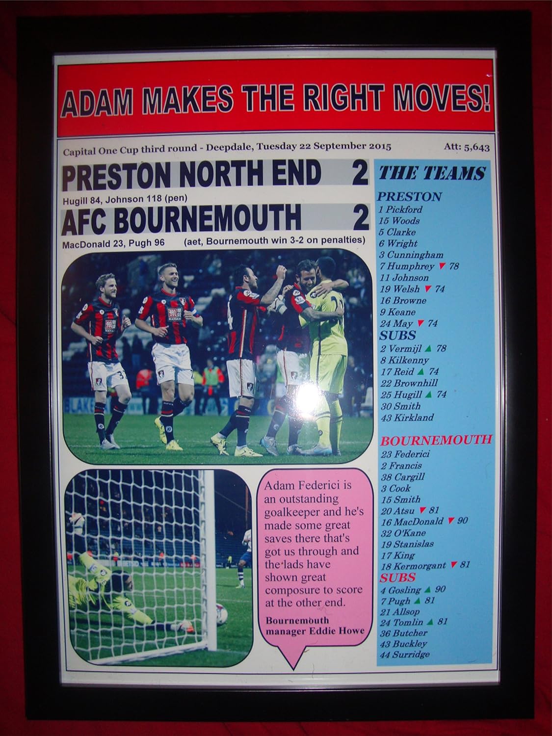Preston North End 2 AFC Bournemouth 2 - 2015 Capital One Cup - framed print