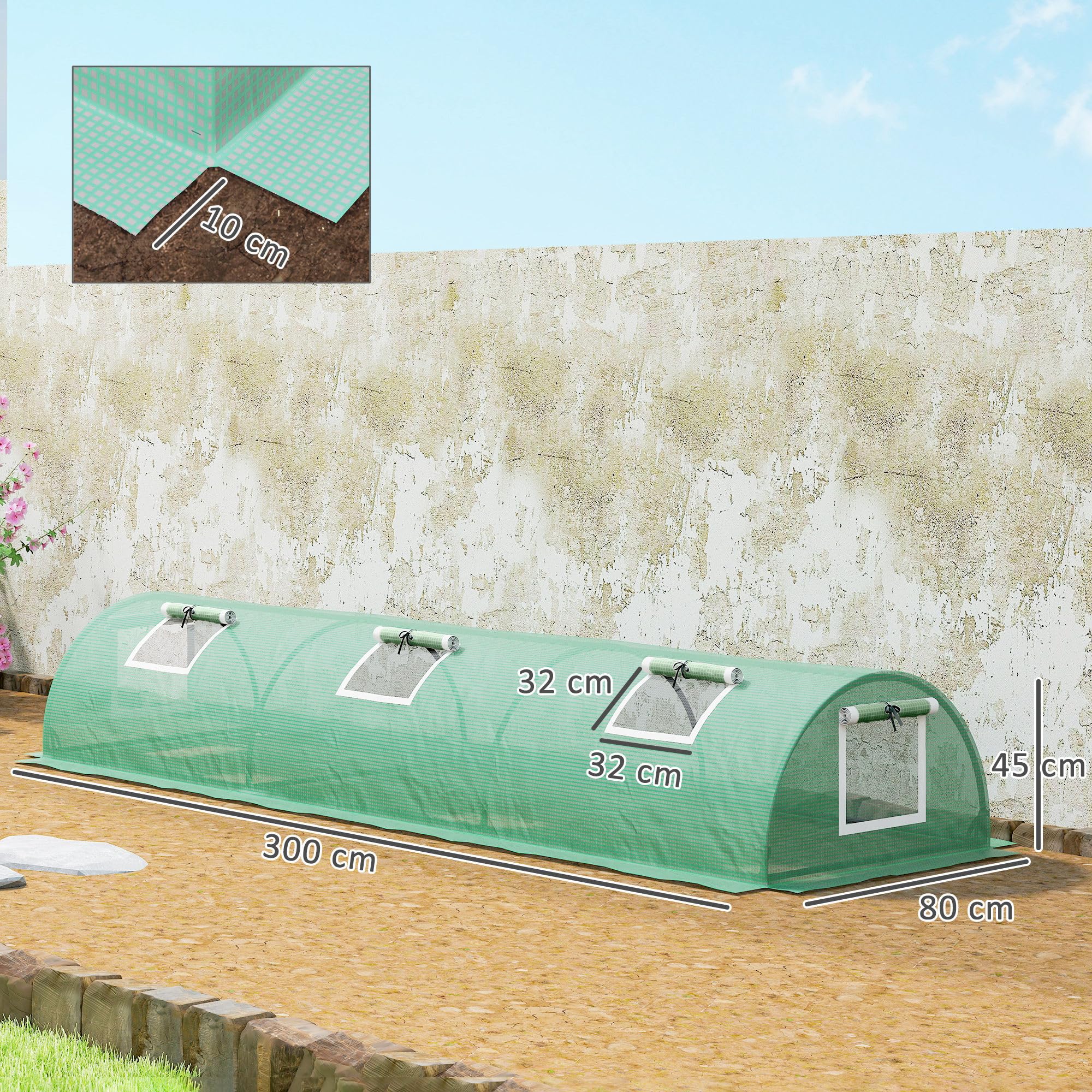 Outsunny Mini Serre de Jardin Mini Serre Tunnel à tomates 300 x 80 x 45 cm Acier PE Haute densité 140 g/m² Anti-UV 5 Portes en Filet enroulables Vert