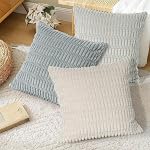 Boîte de 4 Couvertures d'oreillers à jet décoratif 18x18 Encre douce en peluche Corduroy carré rayé Oreillers Bleu Beige Café Gris Fluffi Coussin Cas Boho Décor pour Agritourisme Salon Lit Canapé