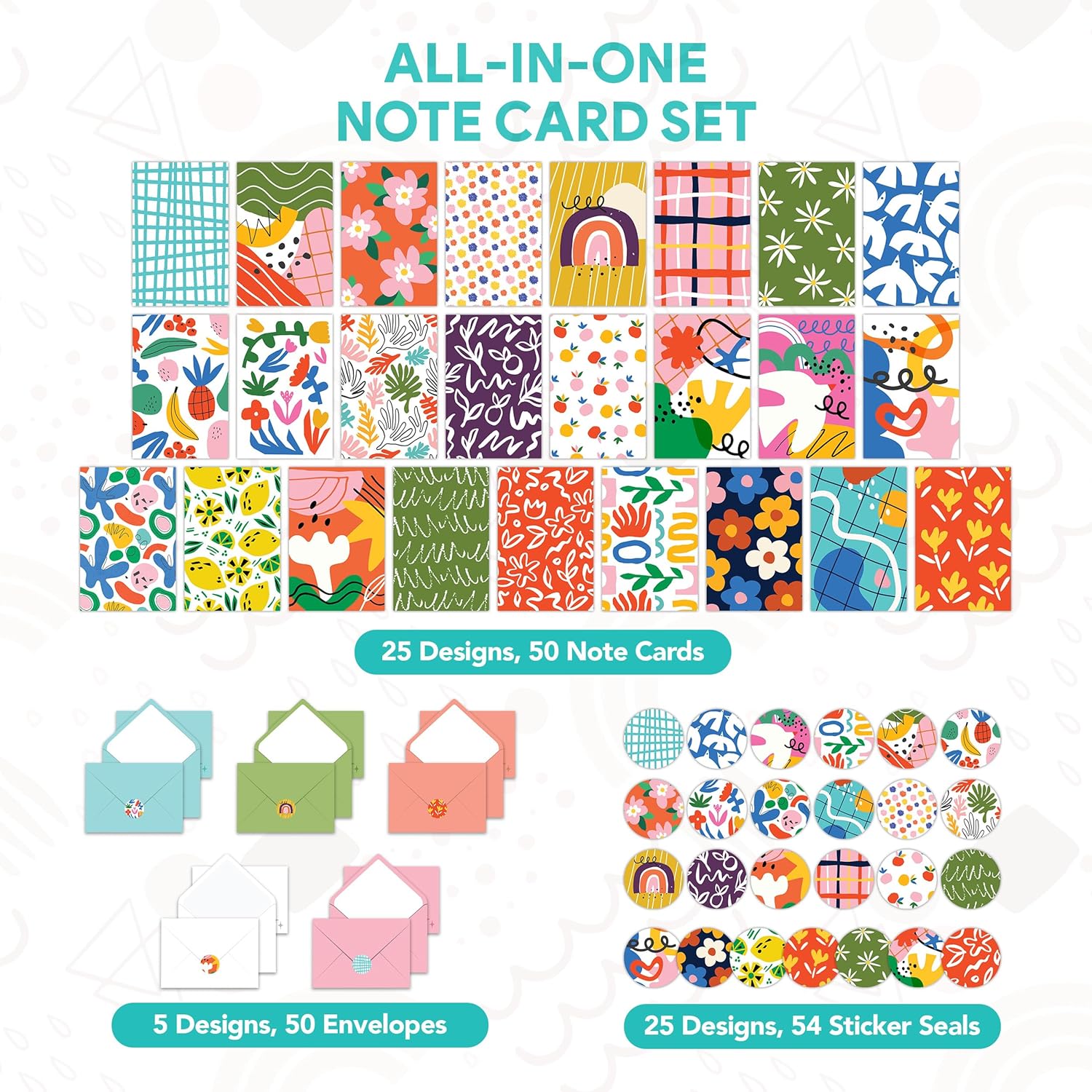 Decorably 50 Pack 4x6in Textured Modern Doodle Colorful Blank Cards and Envelopes with Stickers, 25 Fun and Stylish Designs for Family, Friends & Loved Ones - Birthdays, Appreciation, Gifting, Mailing - Image 3