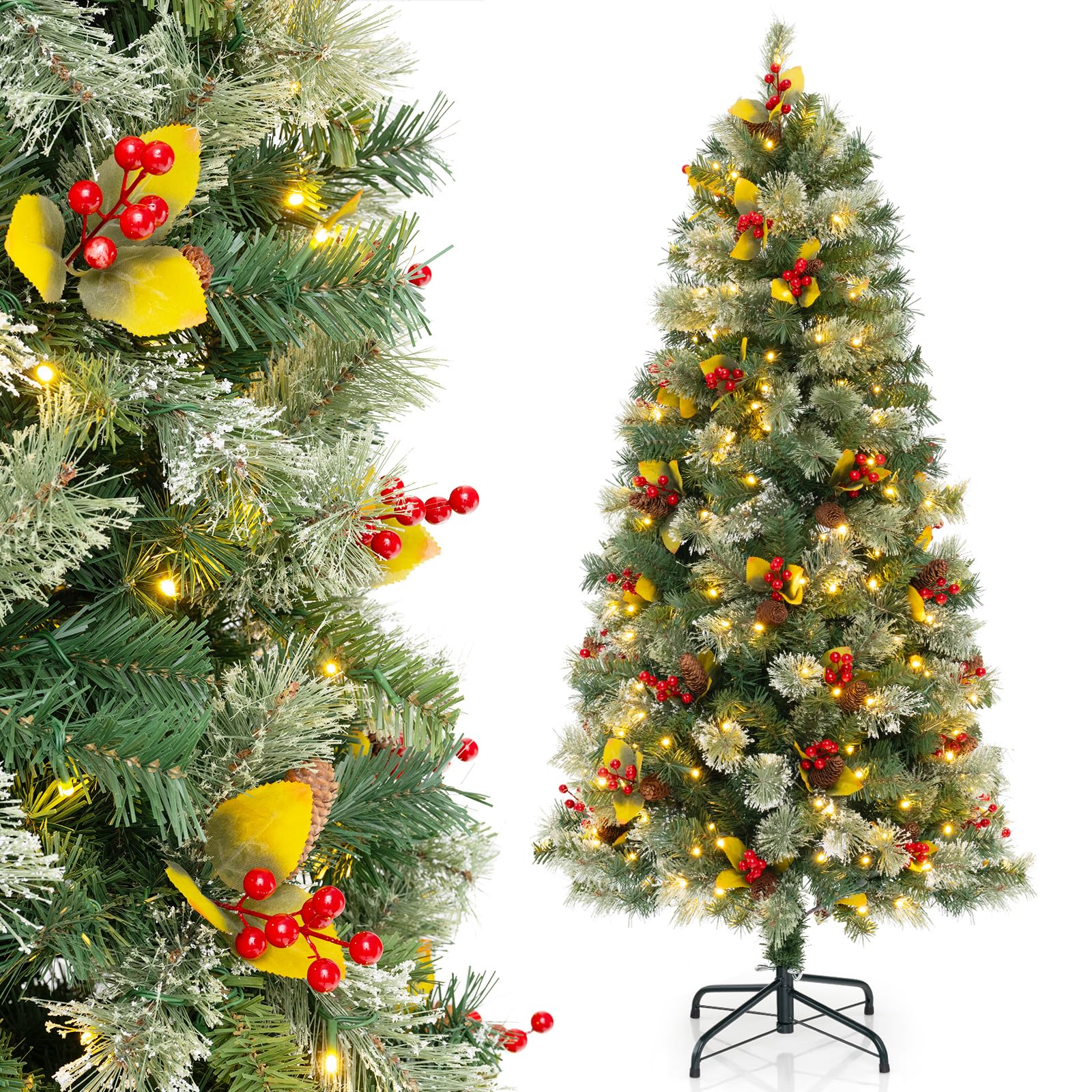 CVHfhjTG christmas tree, With 8 Modes, 453 PVC & Pine Needles, 230 Warm White LED Lights, Red Berries and Cones