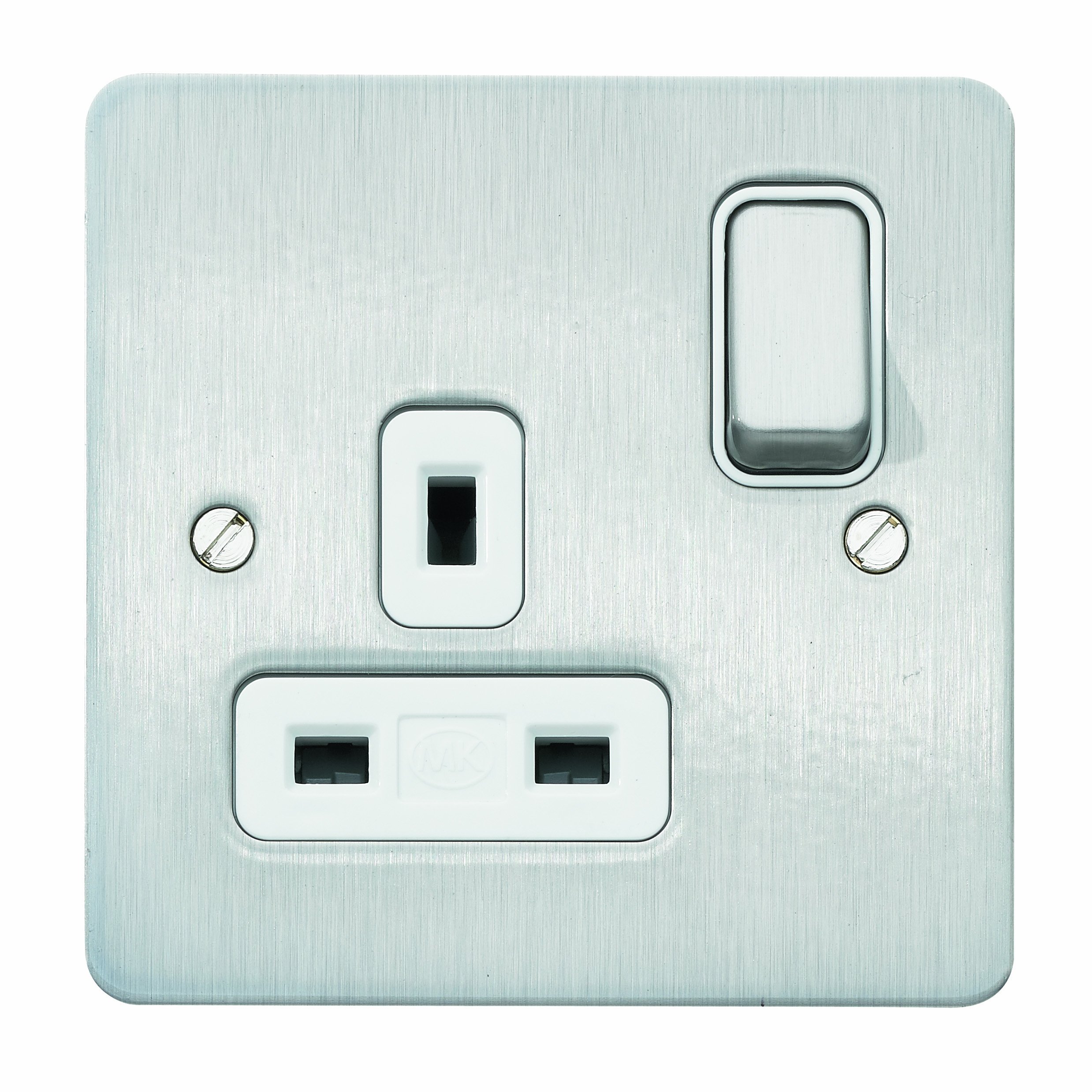 MK Edge K14357BRCW Single Dual Earth Switch Socket with Double Pole - Brushed Chrome, Brushed Chrome With White Insert
