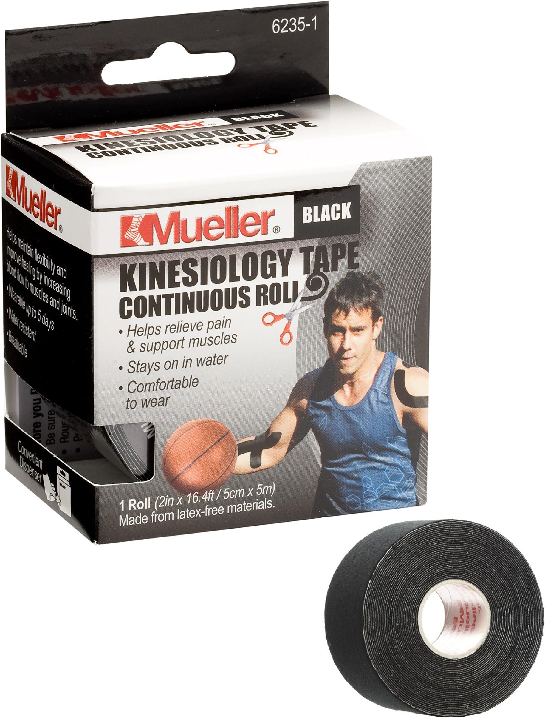 MuellerSports Medicine Kinesiology Tape, Black, 2 Inches X 16.4 Feet Roll