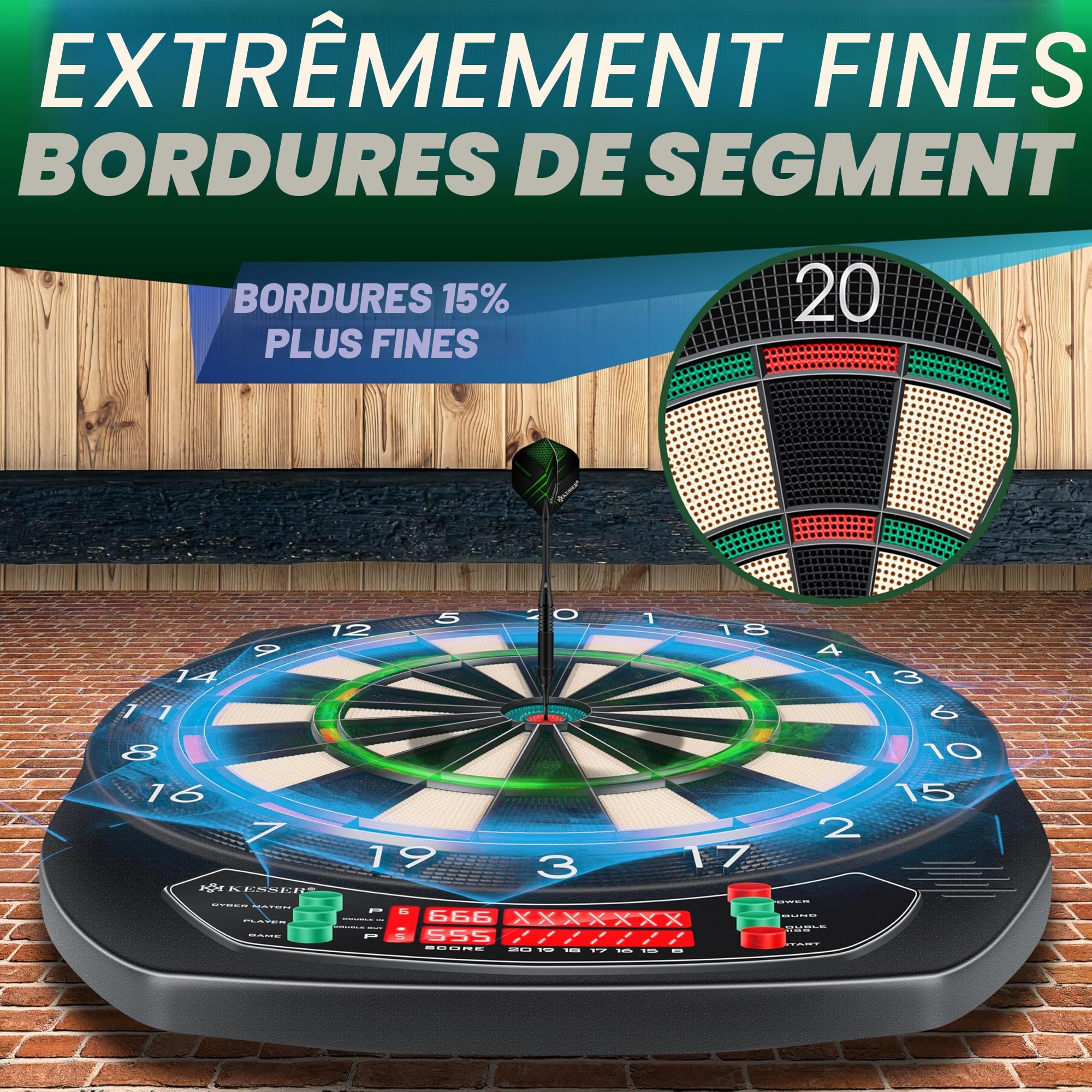 KESSER® Cible de fléchettes électronique professionnelle – Cible de fléchettes E avec 15 fléchettes + 35 ailettes Pro 100 pointes + accessoires pour 1 à 8 joueurs