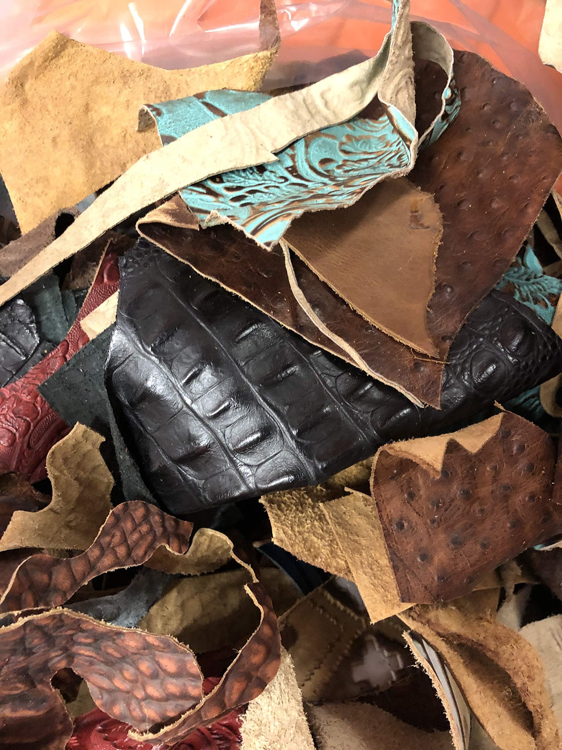 Embossed Leather Scraps 2 Lb - Small Pieces - Cowhide Mixed Prints by Pound Leathercraft Supplies for Leather Projects Earrings, Wallets, Bracelets DIY Projects Leather Supplier