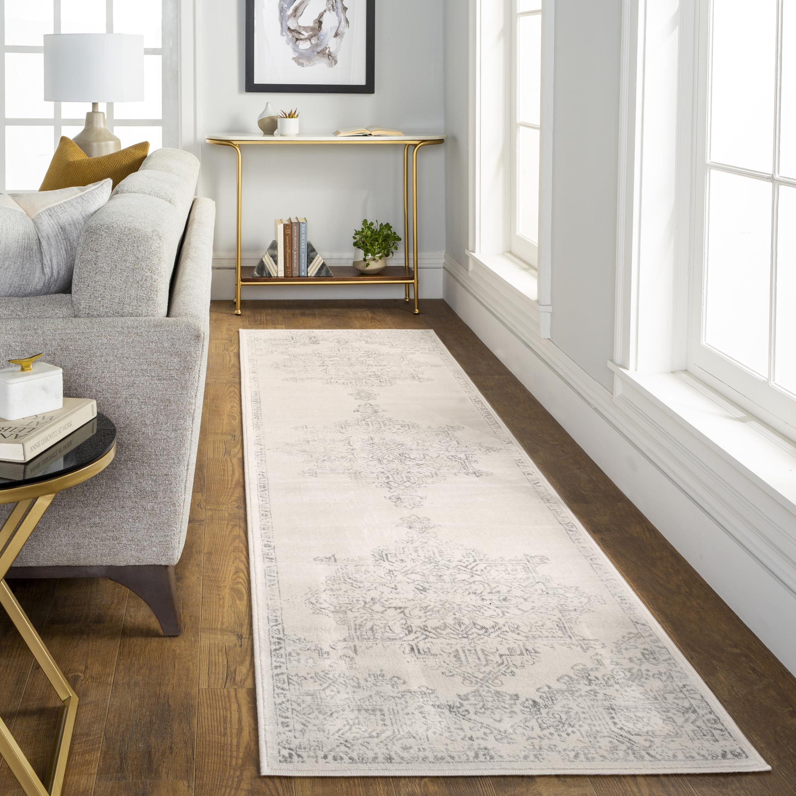 Livabliss Ceren Roma Vintage Runner 80x220 cm, Hallway & Living Room, Scandi Neutral, Traditional Boho Pattern, Easy Care Pile, Ivory Grey