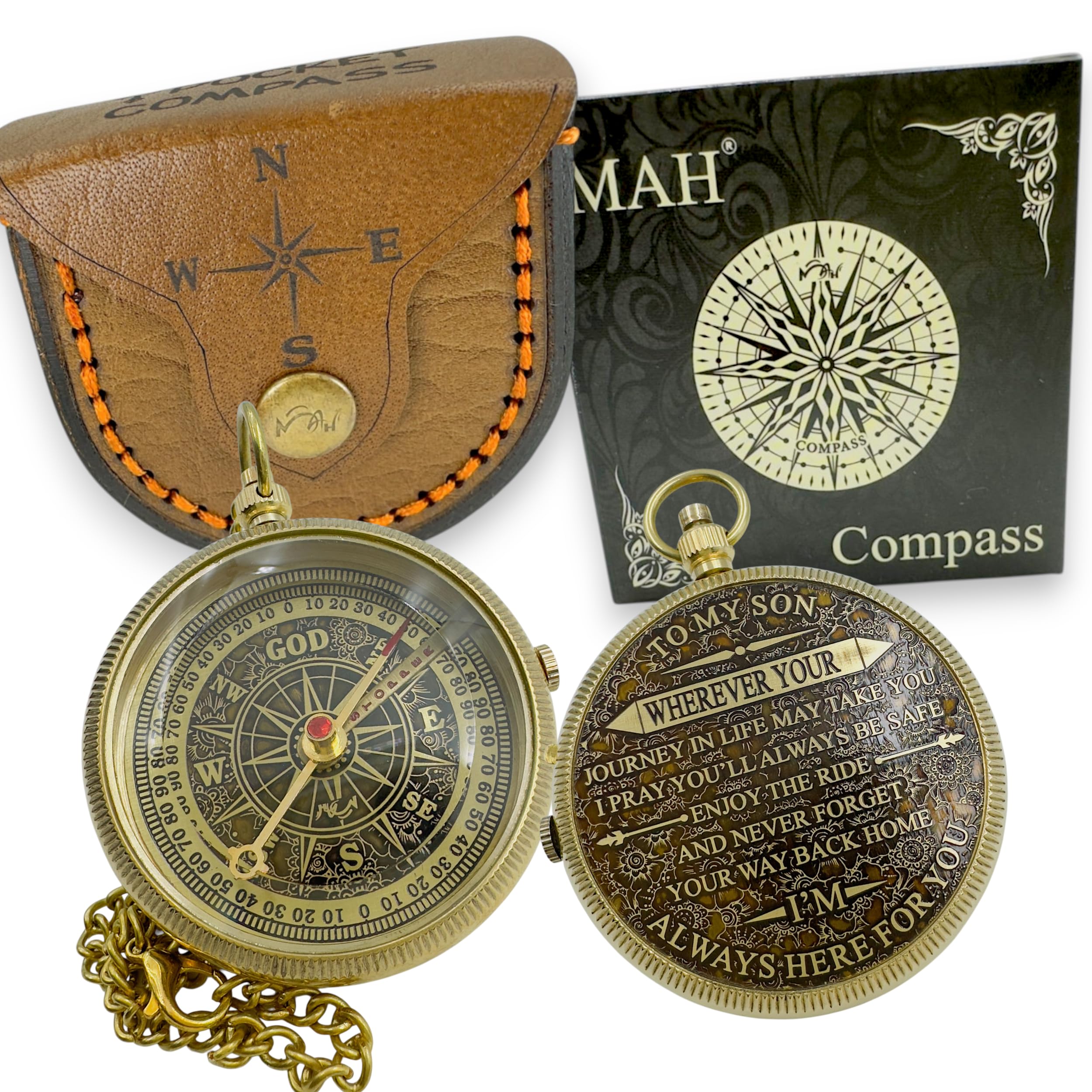 to My Son Brass Pocket Compass Gift – Embossed “Wherever Your Journey in Life May Take You” Message, Handmade Brass Compass with Needle Lock & Leather Case, Graduation Birthday Baptism Keepsake — image 1
