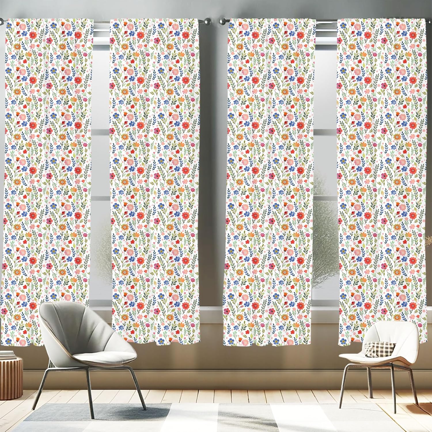 Ambesonne Watercolor Window Curtains Pack of 2, Floral Patterned Illustration Leaves and Wildflowers Abstract Botanical, Lightweight Set with Rod Pocket, 4 Panels of - 28" x 63", Violet Blue