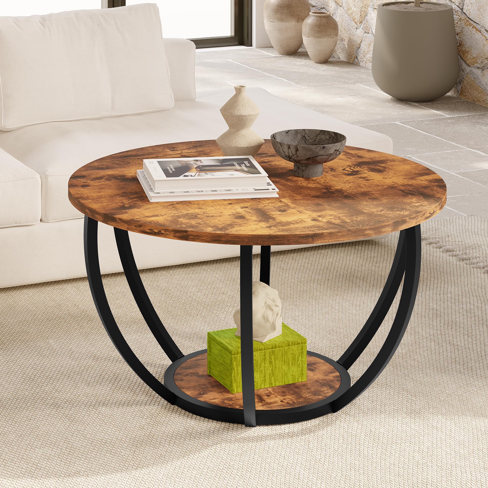 HOMERECOMMEND Round Coffee Table,Couchtisch Rund,2 stufiger Couchtisch mit Lagerung Regale,Wohnzimmertisch,Sofatisch Tische für Heimbüro,Rustikales Braun