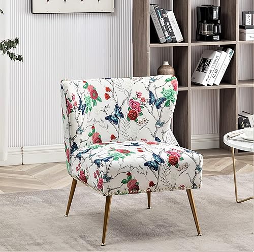 Miniatura 1 de Thia Silla decorativa sin brazos para sala de estar, elegante asiento con ribete de cabeza de clavo, patas de metal dorado y cómodo respaldo curvo,