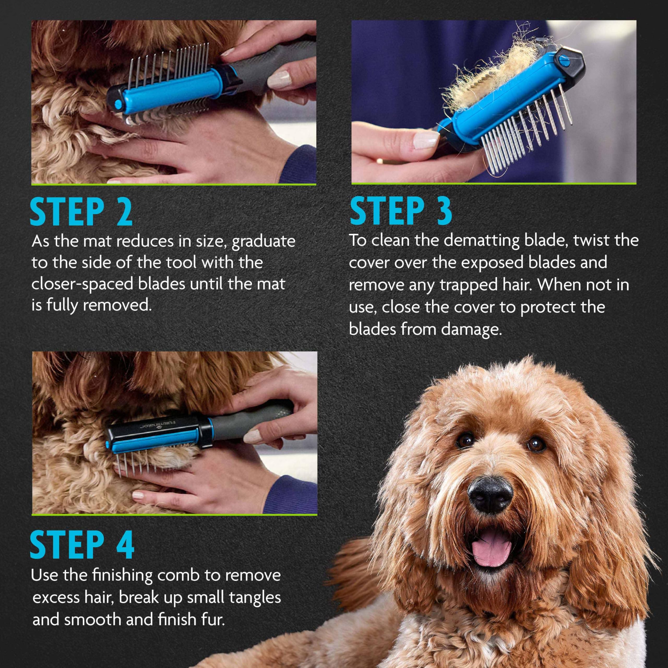 FURminator Outil de toilettage 2 en 1 pour chiens, 1 pièce, outil de démêlage avec peigne pour tapis, enchevêtrements et entretien sur pelages bouclés, longs, soyeux et câlins