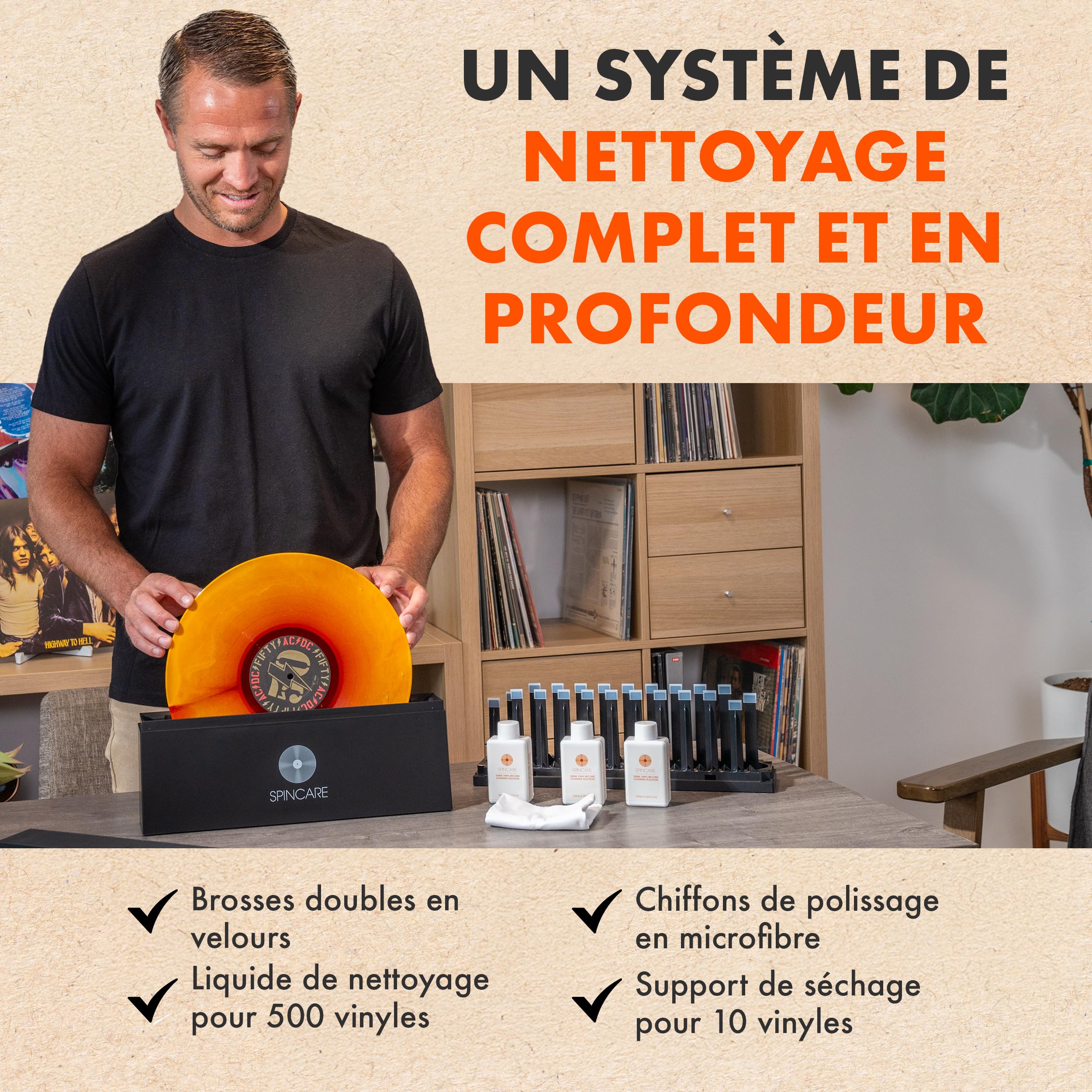 SPINCARE Machine Nettoyage Vinyle Kit Nettoyeur Disque Vinyle pour Albums LP 33 Tours 45 Tours | Inclut Liquide et Bac de Nettoyage Chiffon Microfibre – Nettoie 500 Disques LP