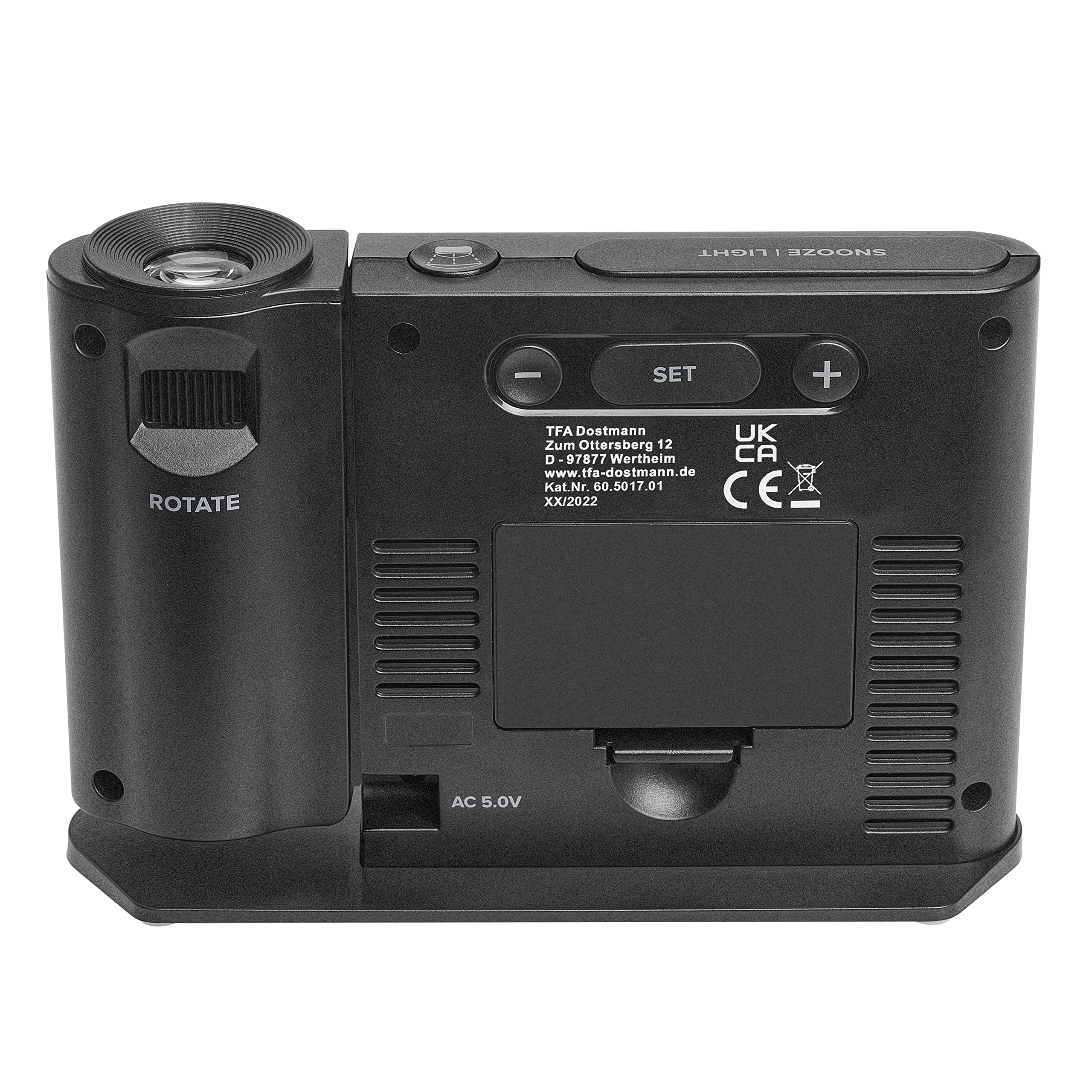 TFA Dostmann 60.5017.01 - Despertador Digital por Radio, con Fuente de alimentación, Incluye termohigrómetro, Regulable, Reloj de Dormitorio, Negro, 149 x 38 x 104 mm