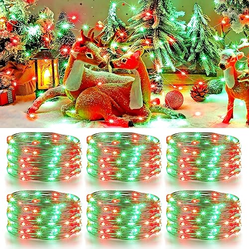 Enhon Paquete de 6 guirnaldas de luces de Navidad temporizables, 16.5 pies, rojo y verde, 50 luces LED de alambre de cobre, funciona con pilas,