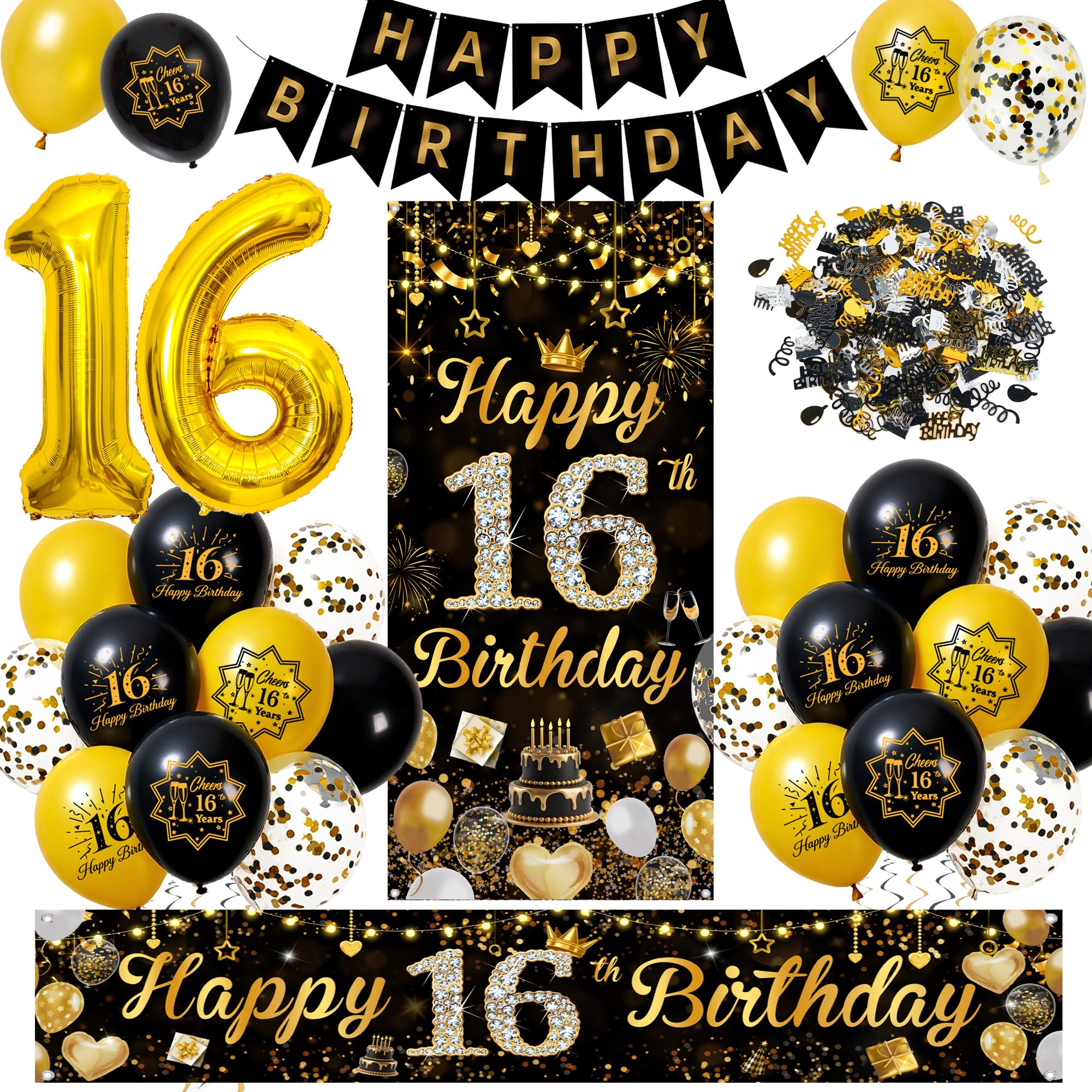 Happy 16th Birthday Decorations Set, Black Gold Party Balloons Decor Set