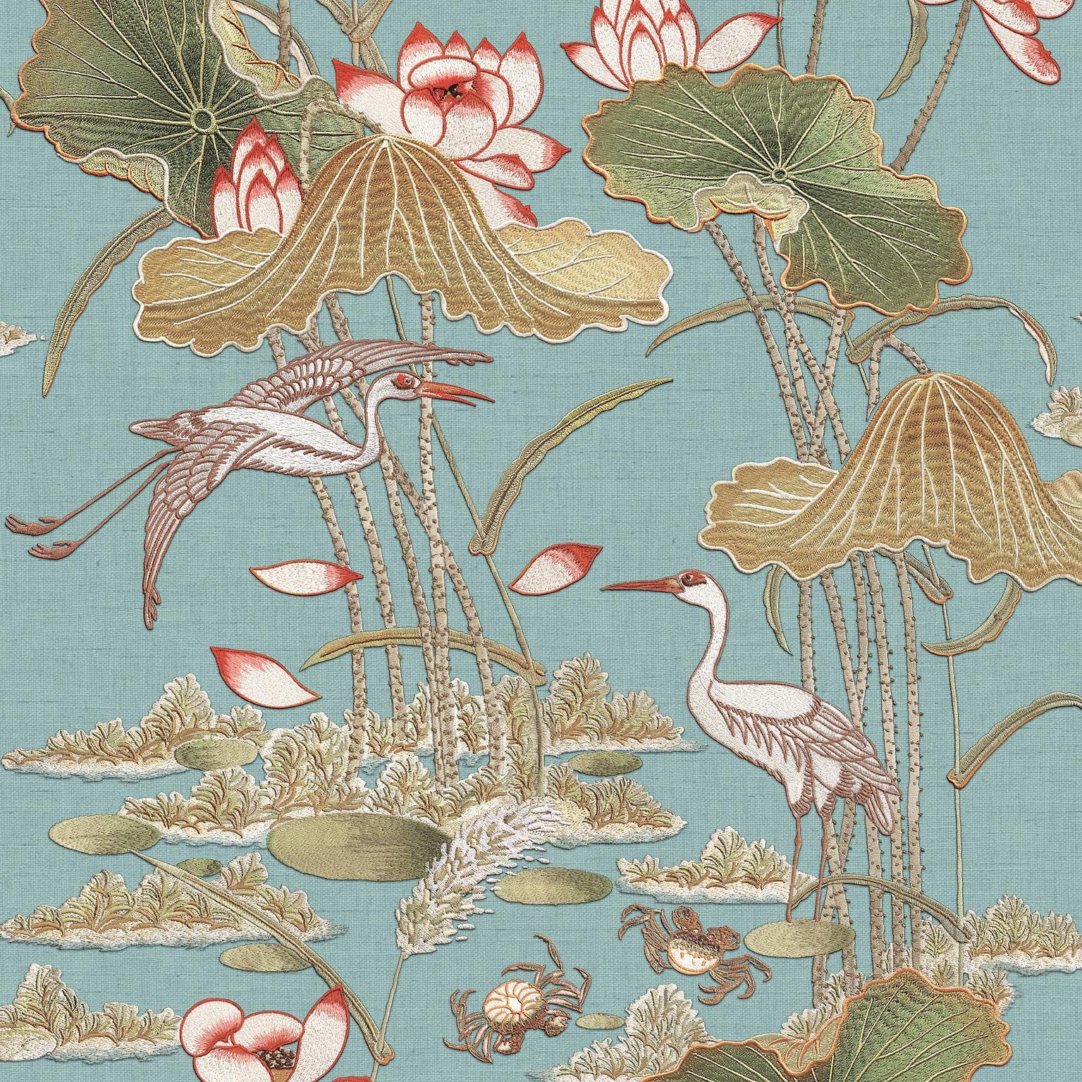Yöl Teal Lotus Pond Wallpaper - Floral Crane Bird Lily Pads Crabs Silk Textured Paste The Wall Modern Non-Woven Vinyl