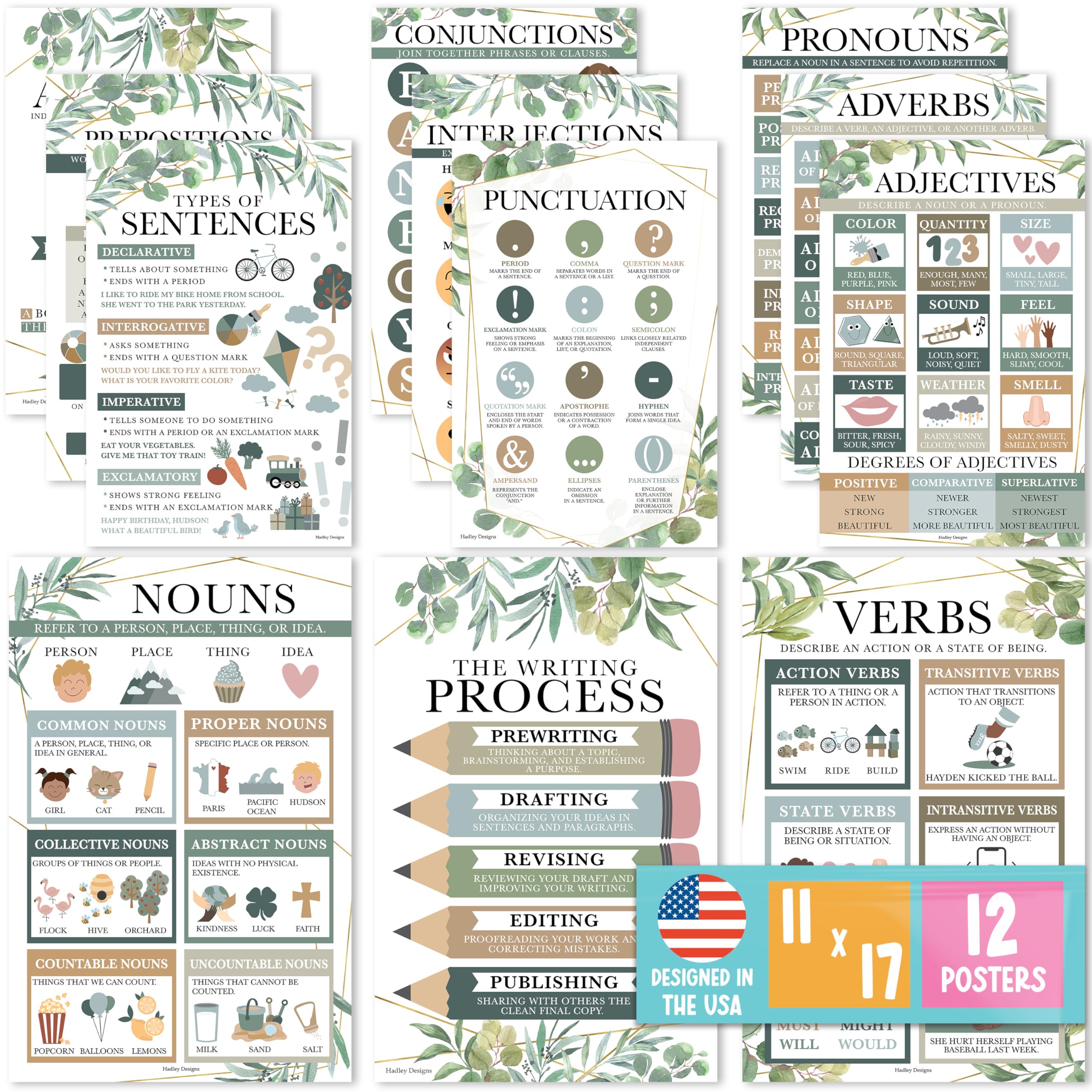 Hadley Designs Parts Of Speech Posters For Classroom - 12 Grammar Posters For Classroom Must Haves, Language Arts For Elementary & Middle School, Writing Process & ELA School, Greenery Class Decor