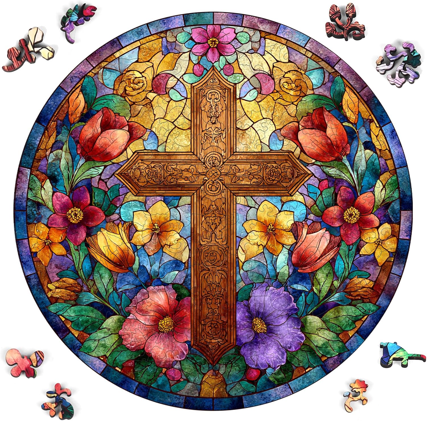 Leodozzio Wooden Cross Jigsaw Puzzles 500 Pieces, Stained Glass Flower Religious Easter Gifts for Adults, 5MM Thick Unique Shaped Wooden Puzzle, Christian Family Game, 16.5x16.5 Inch