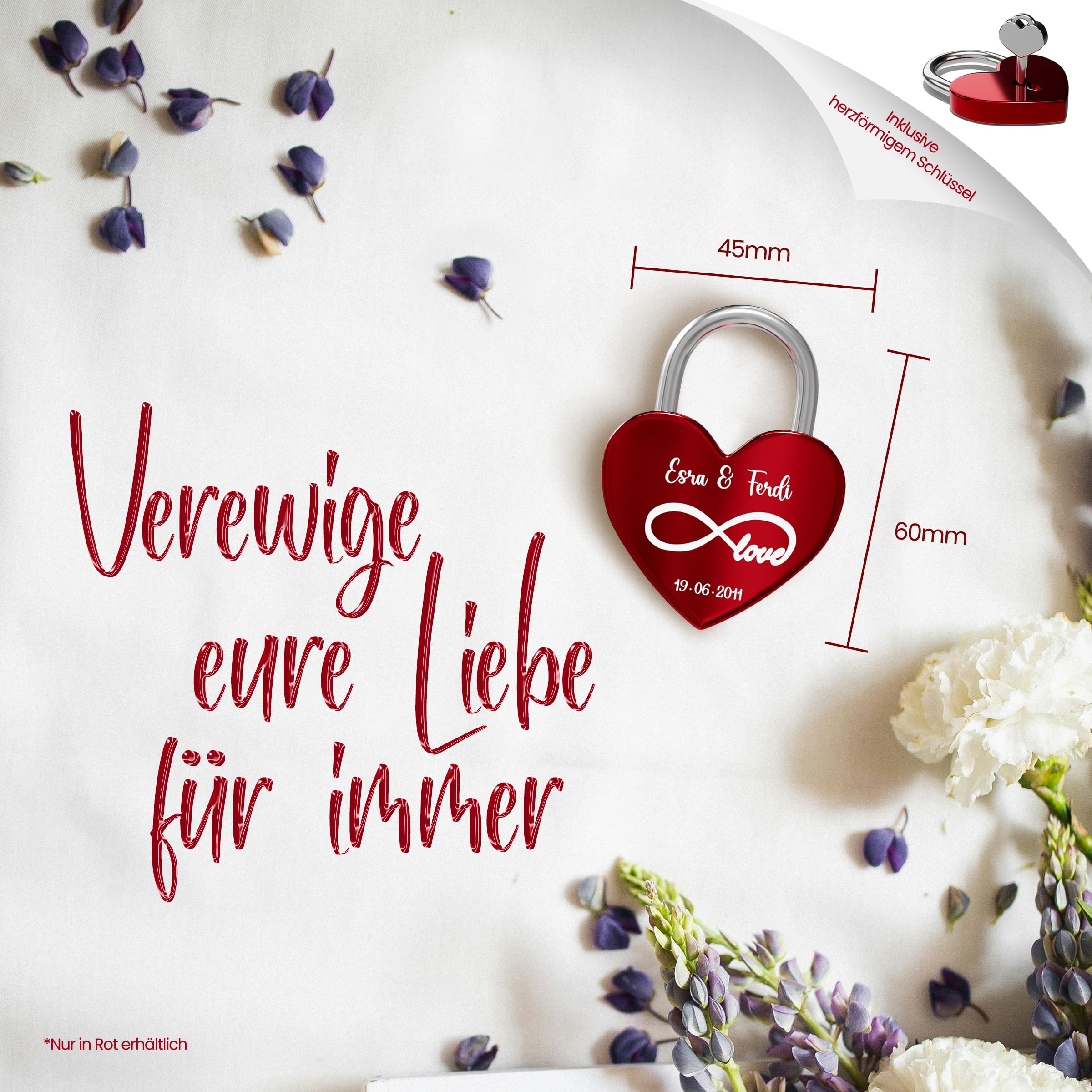 Liebesschloss mit Gravur - Rotes Schloss mit individueller Gravur, witterungsbeständig - Perfektes Liebesgeschenk für Sie und Ihn, ideal für Valentinstag