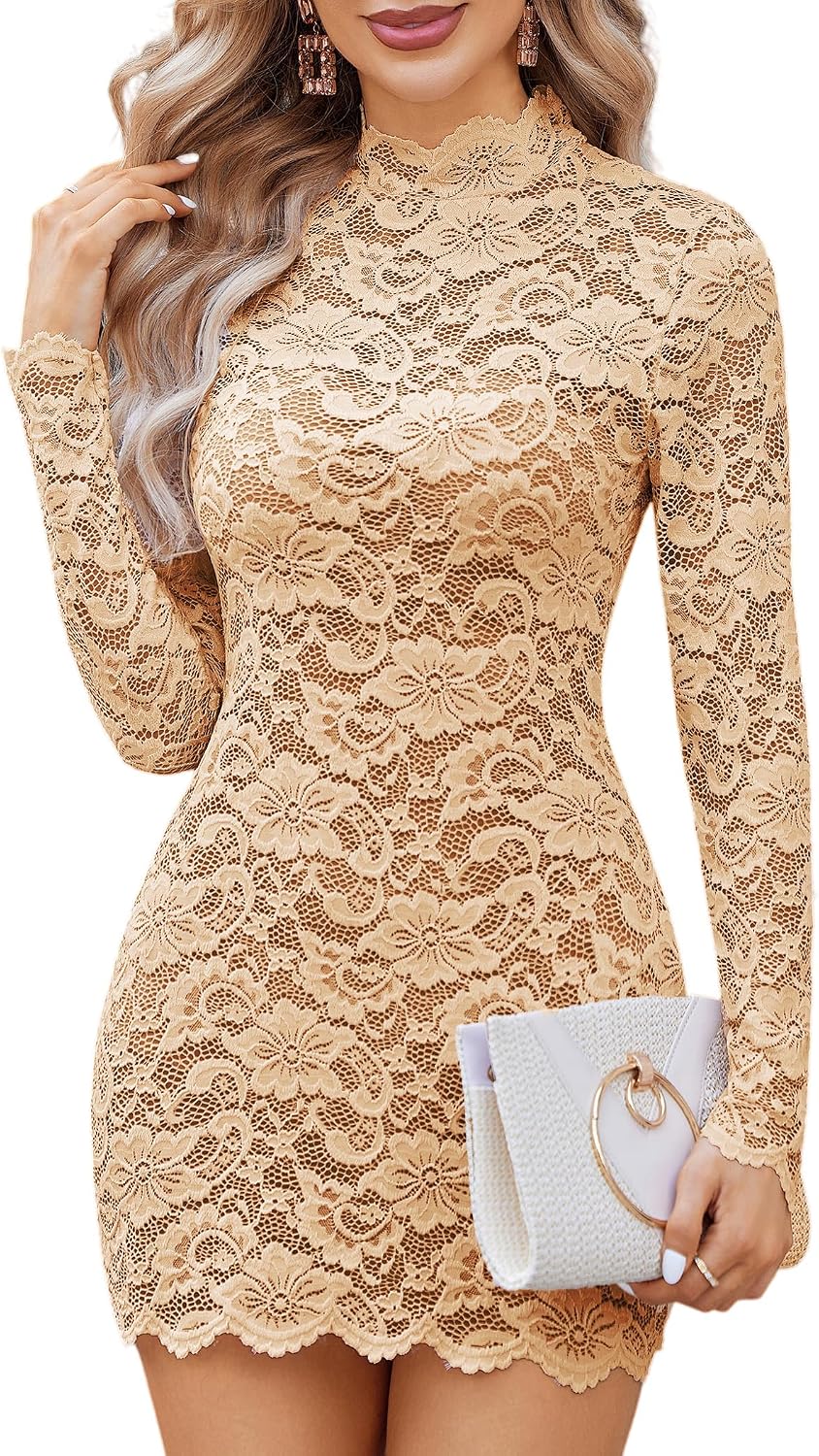 Sexy lace bodycon dress long sleeve mock neck sheer lingerie