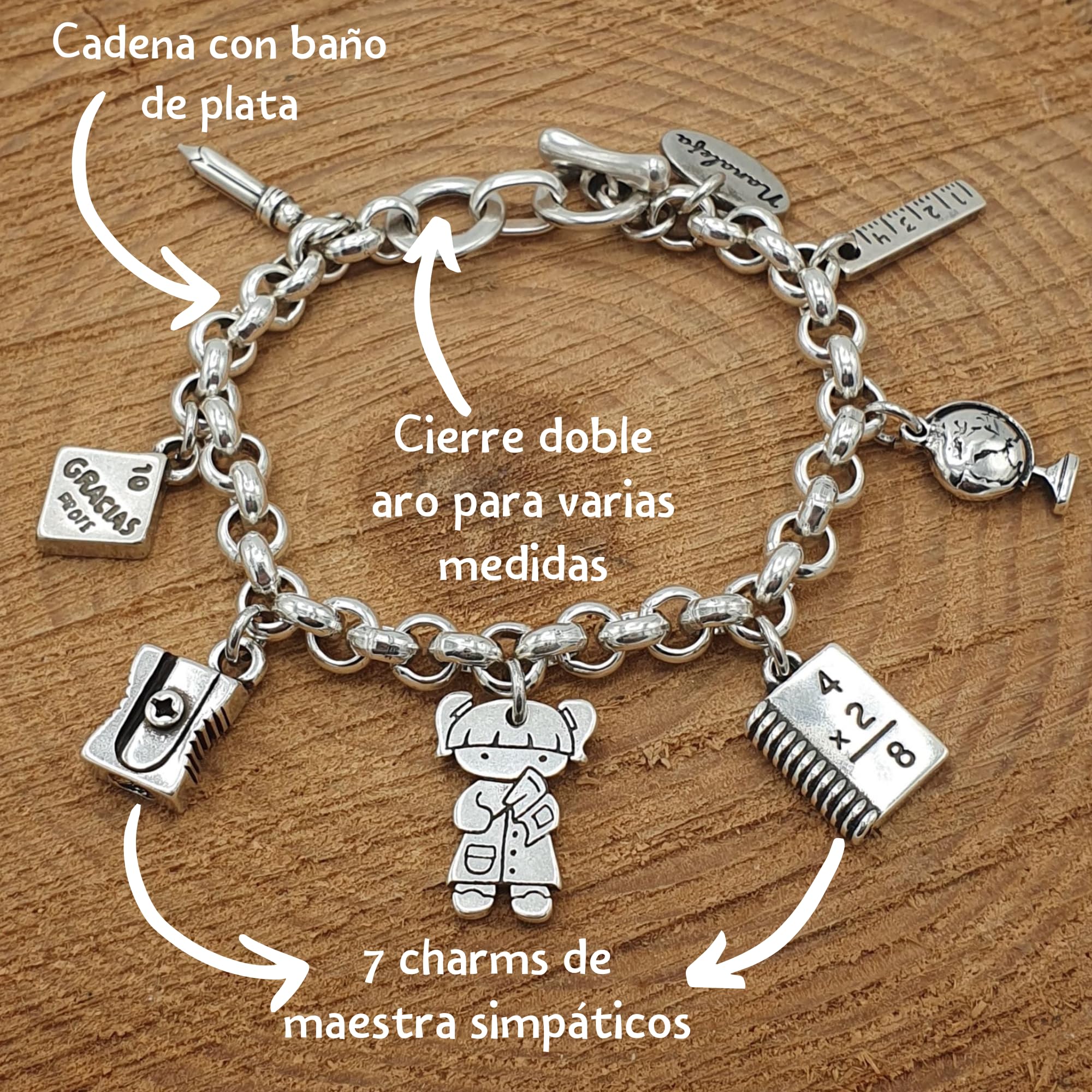 Pulsera profesora con 7 charms de colegio, Nanaleja, regalo maestra primaria, regalos originales para profesores, pulsera charms, regalos maestra infantil, cierre ajustable, hecha en España