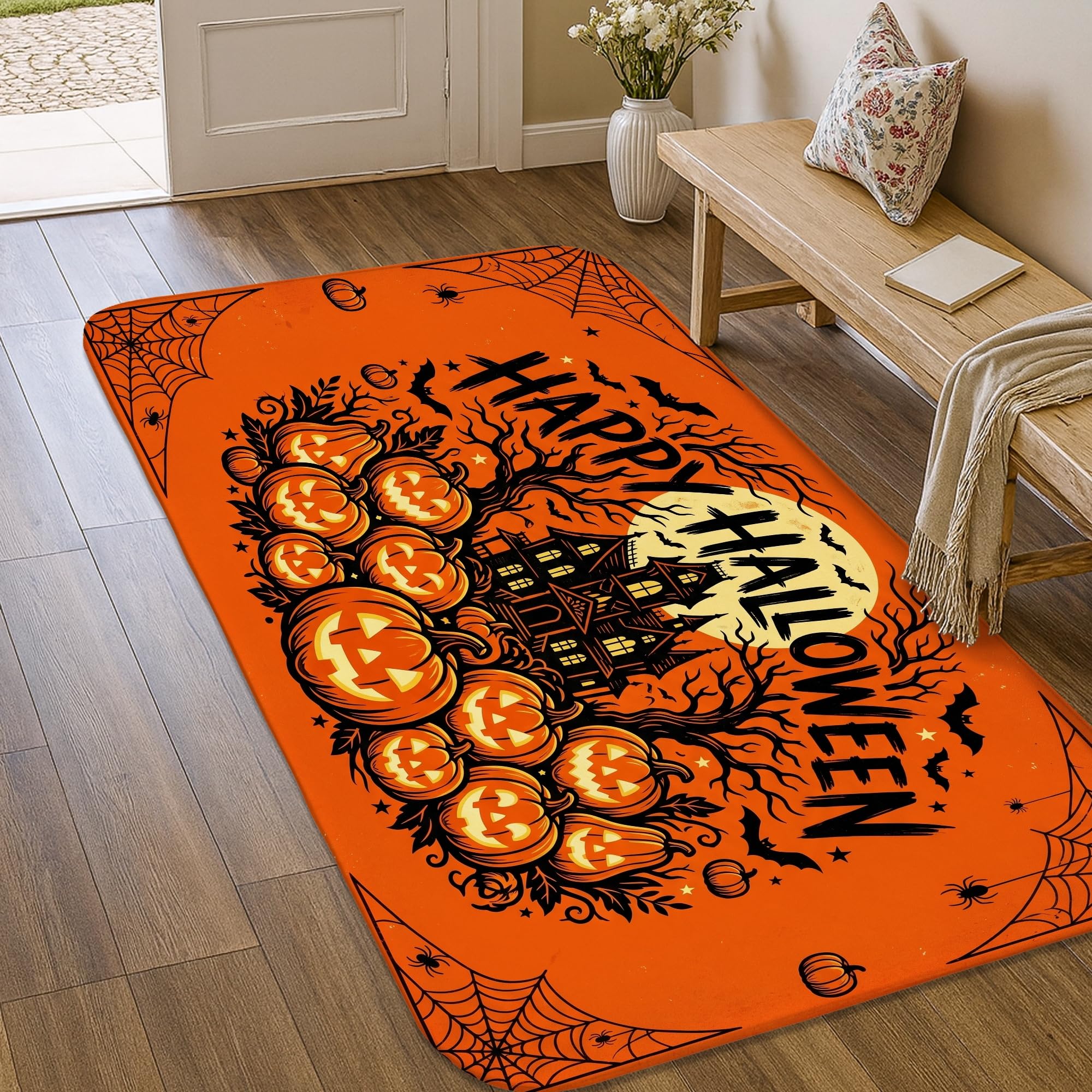 Tapis de maison hantée haut de gamme orange et noir toiles d'araignée