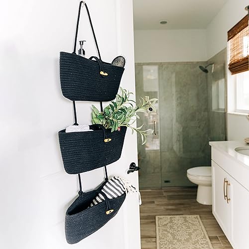 Miniatura 6 de OrganiHaus Cestas colgantes de pared negras para almacenamiento  Cestas colgantes para organizar el baño  Almacenamiento detrás de la puerta  Cesta