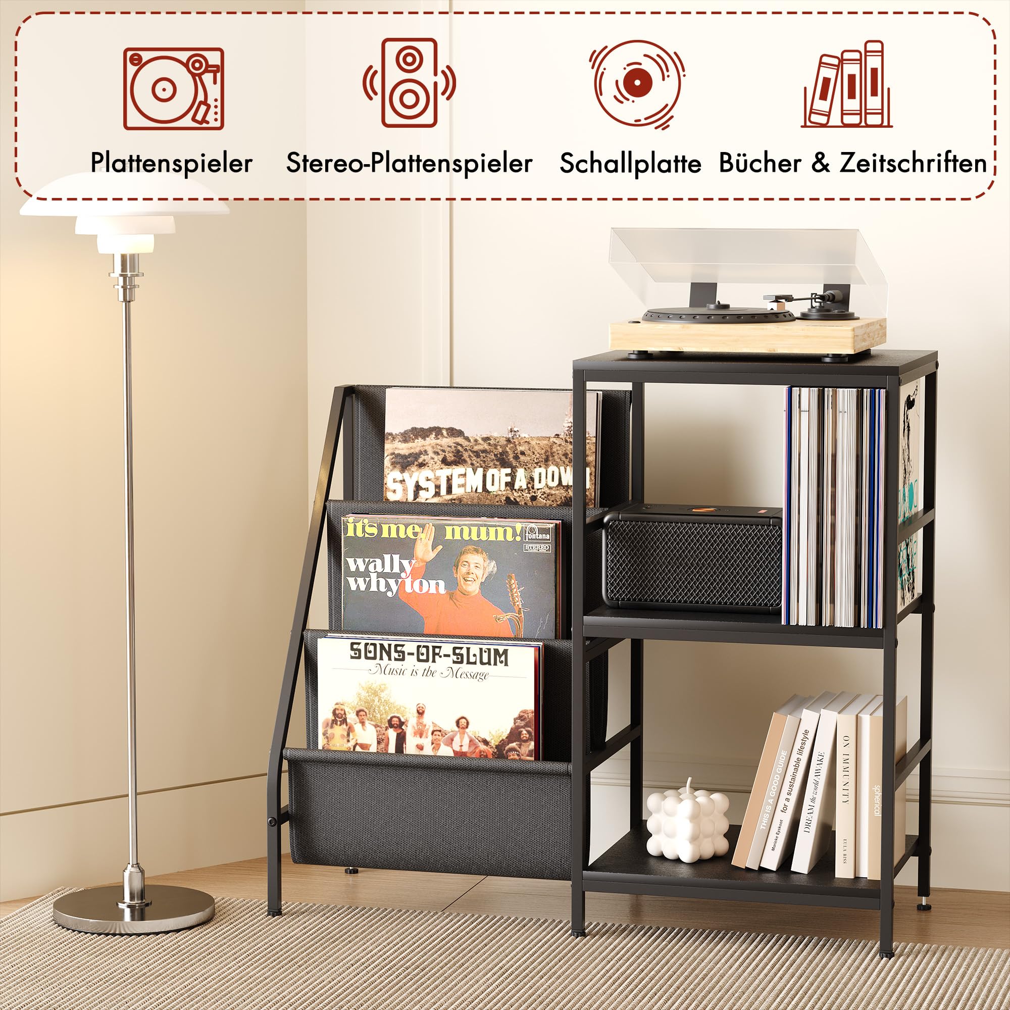 Plattenspieler-Ständer mit Schallplattenregal, Vinyl-Aufbewahrung für LPs, Mehrstufiger Schallplattenständer aus Metall, Industrie-Design für Wohnzimmer (Schwarz 2)