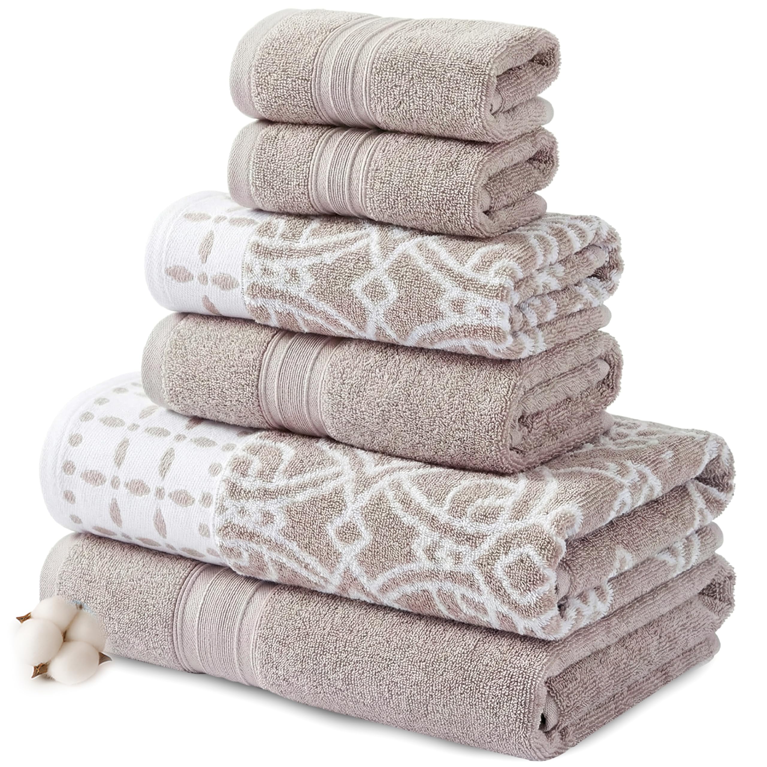 Modern Threads 6 Piece Set, 2 Bath Towels, 2 Hand Towels, 2 Washcloths Yarn Dyed Jacquard/Solid Towel Set Monroe Fawn
