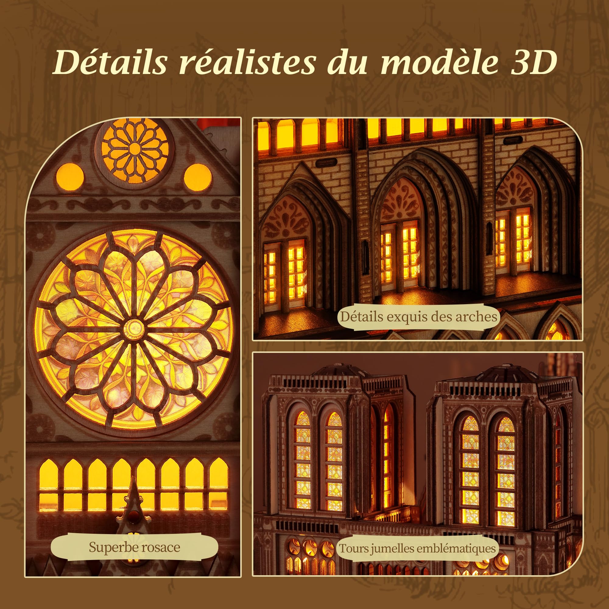 FUNPOLA Puzzle 3D en Bois LED Notre Dame de Paris – Modèle Architectural Lumineux