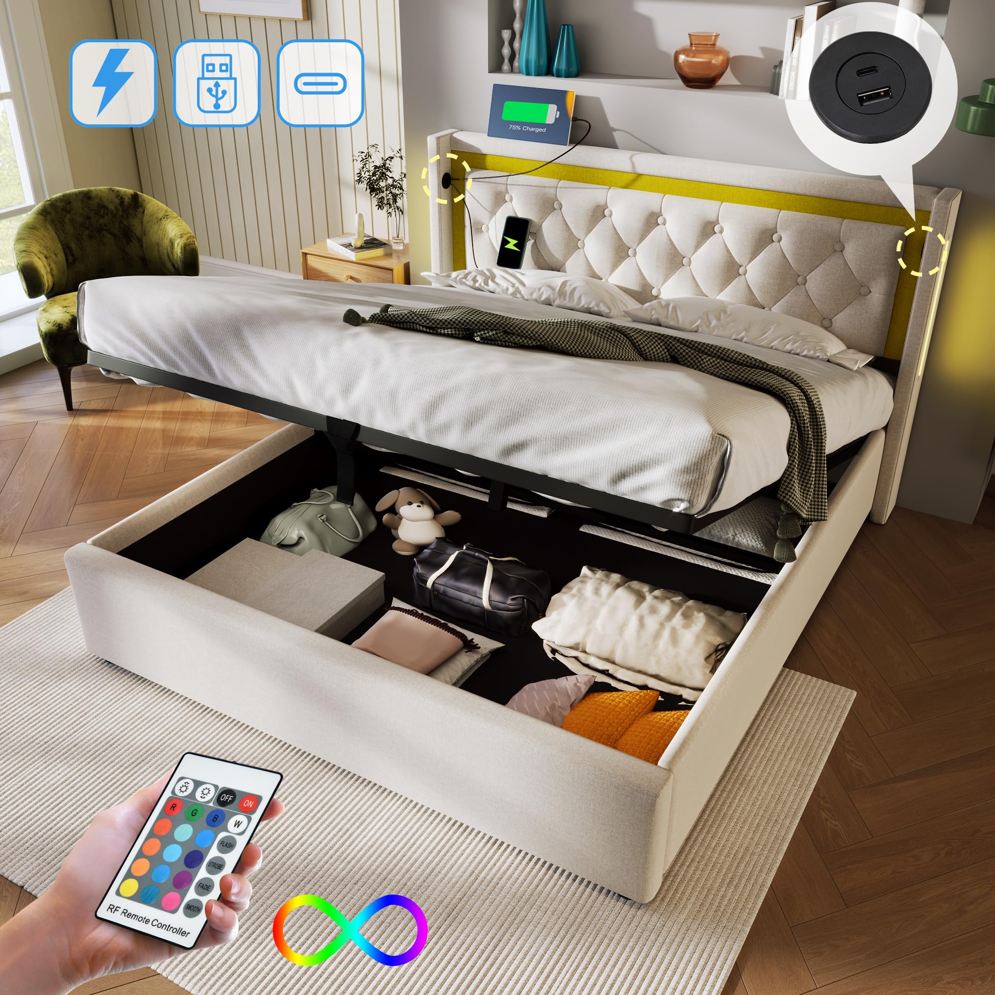 Letto Matrimoniale Imbottito 140x200cm | Con Testata LED E Contenitore | Nero PU | Senza Materasso - Foto 11