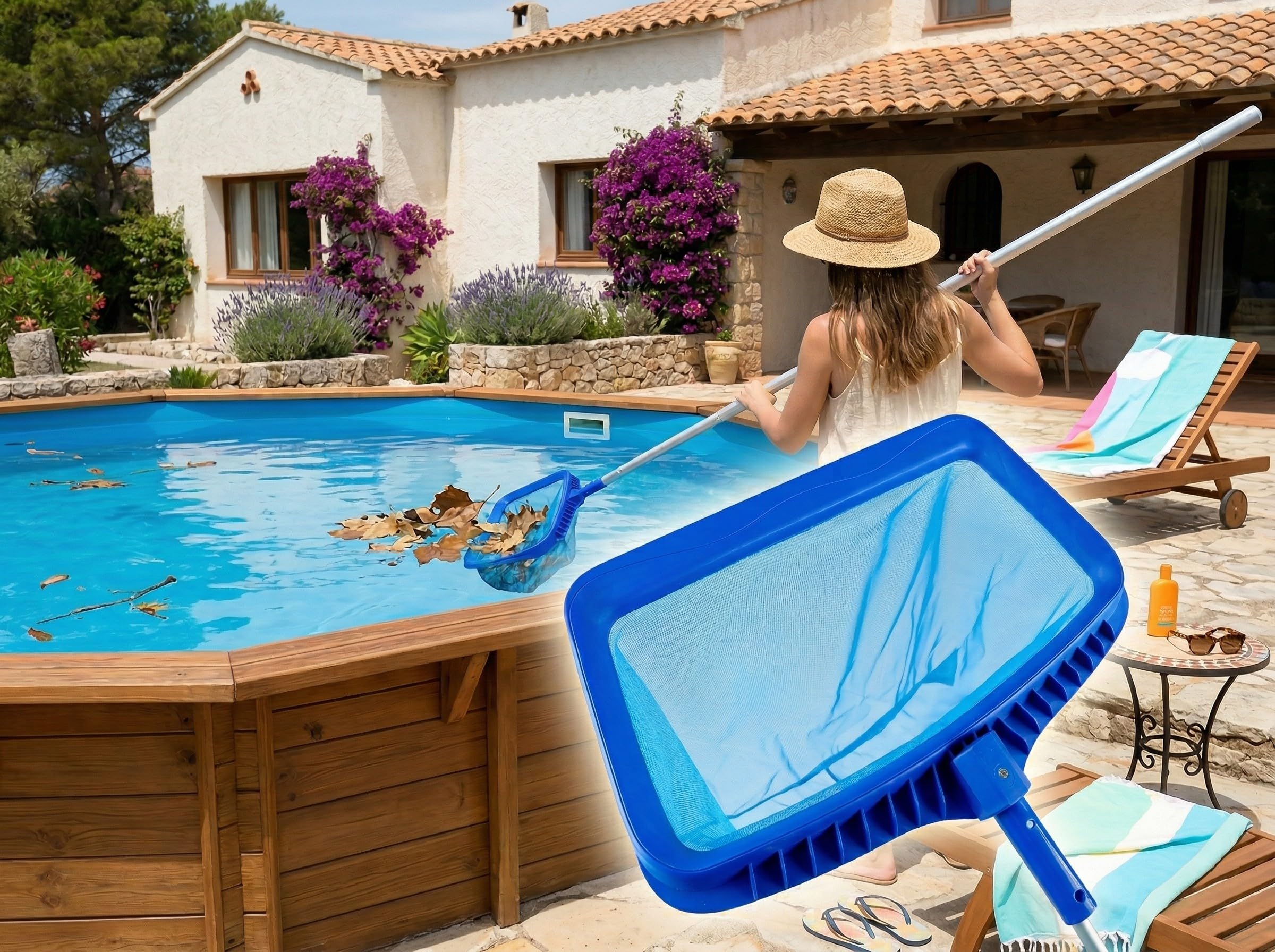 HERSIG - Recoge Hojas para Piscina de Malla Fina para Hojas, Pelos e Insectos - Limpiador con Marco Reforzado de 43x28 cm y Conexión Universal