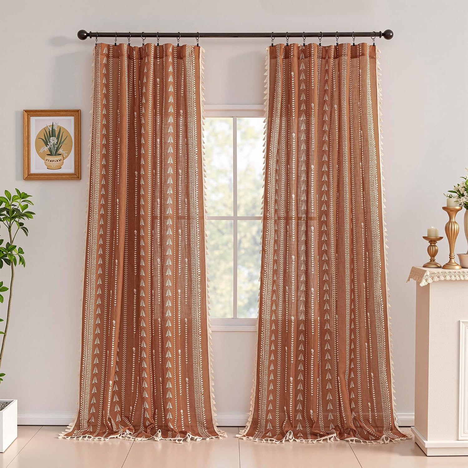 MEETSKY Boho Curtains for Living Room, Terracotta Curtains 84 Inch Long Linen Blended Semi Sheer Curtains with Tassels Back Tab, Light Filtering Patterned Drapes 50" W x 84" L Each Panel, 2 Panels