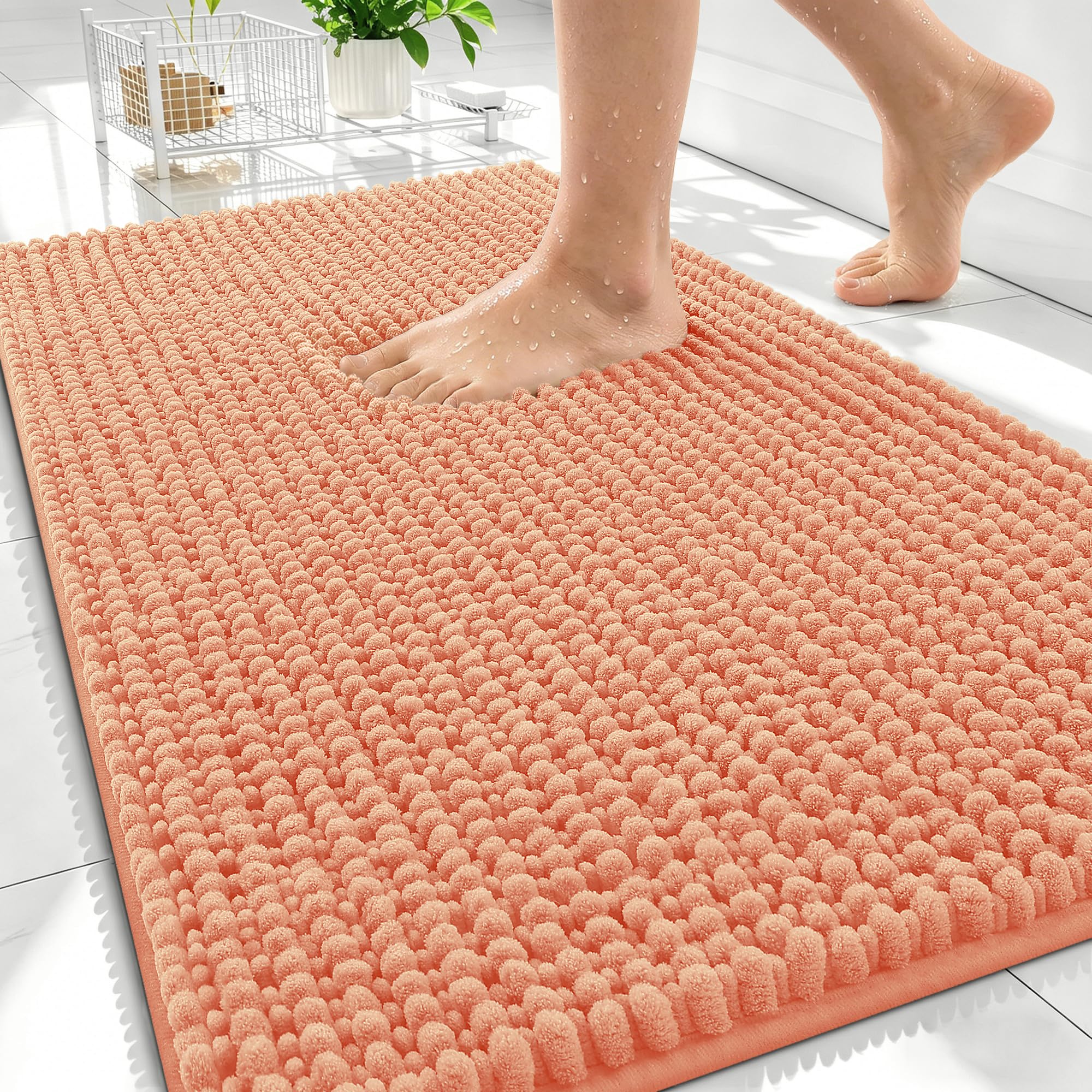 OLANLY Thick Chenille Bathroom Rugs 30x20, Soft Absorbent Bath Mat, Peach
